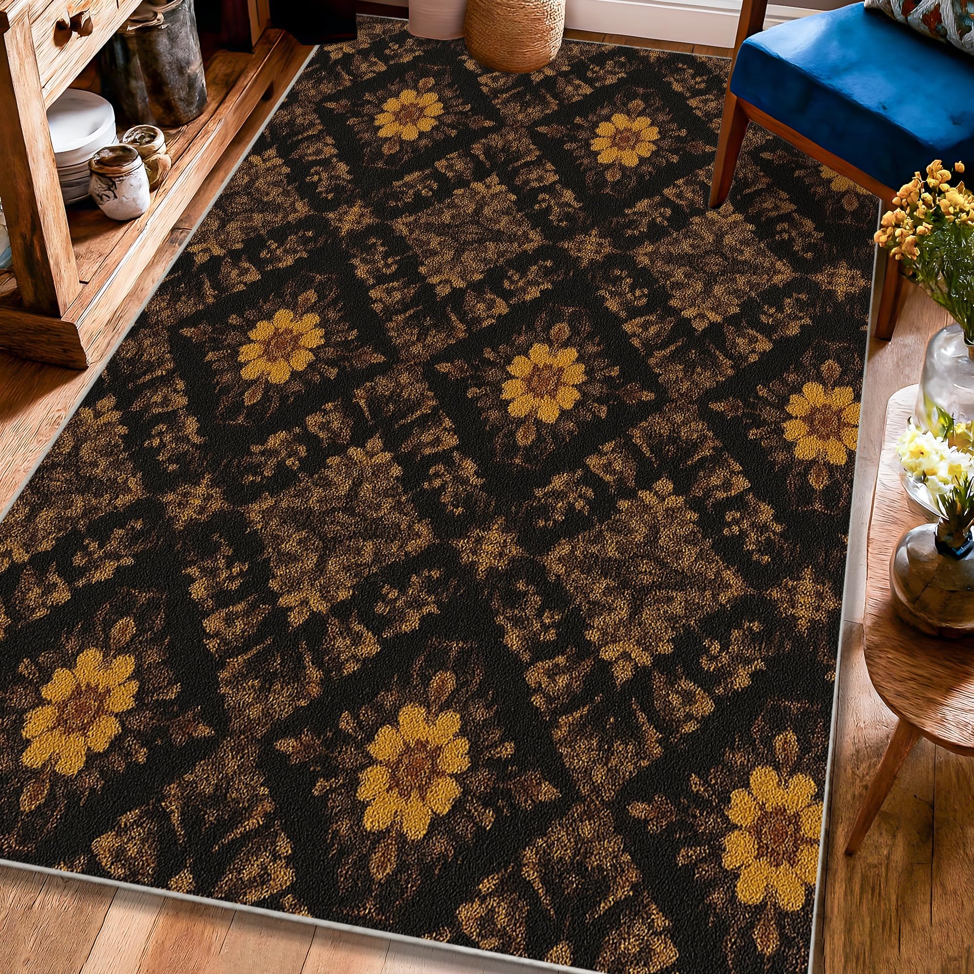 Tapis de sol à fleurs noir tapis rectangulaire imprimé 1,2 x 1,8 m