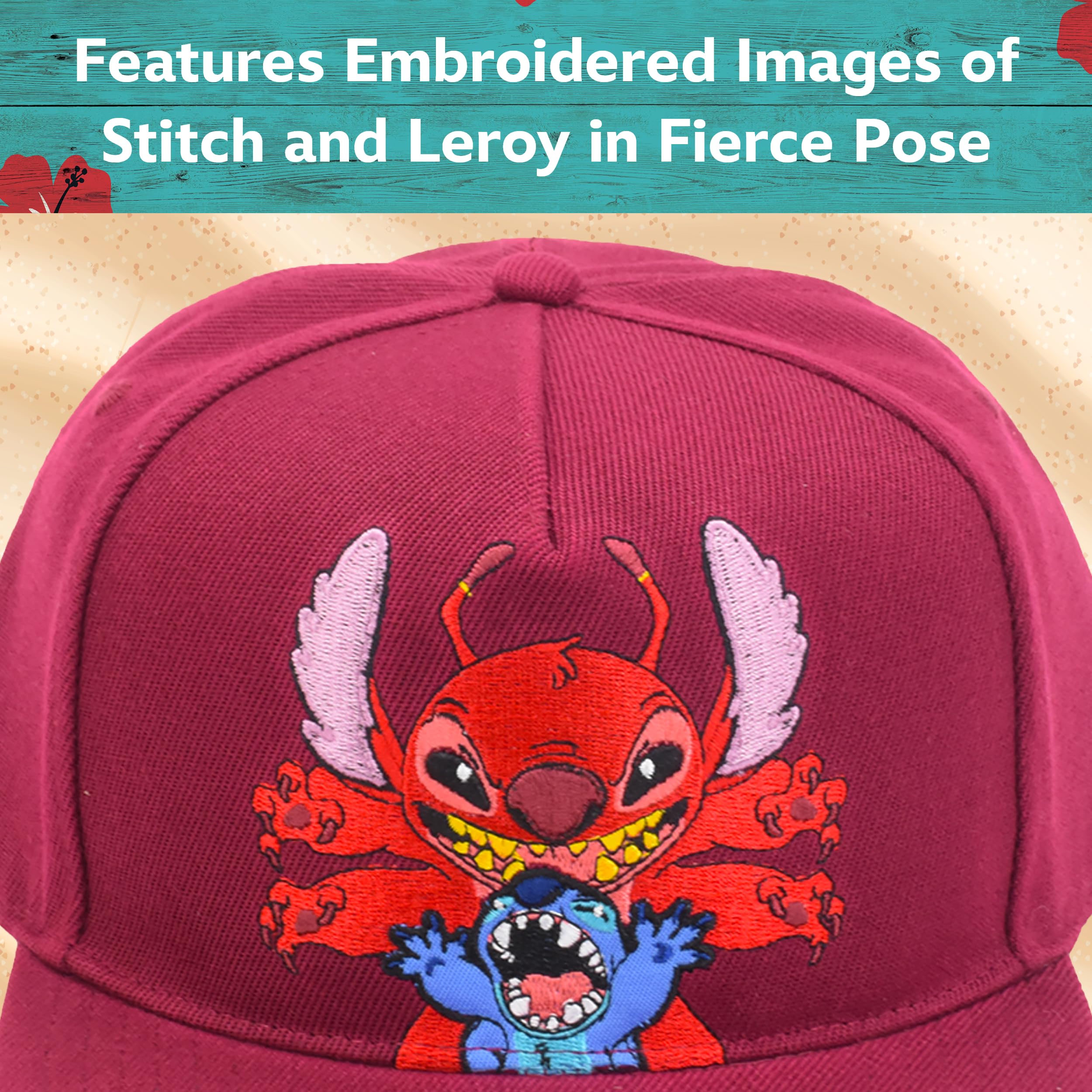 Concept One Unisex czapka z daszkiem Disney Stitch, Leroy, regulowana czapka typu snapback dla dorosłych z płaskim brzegiem, czerwona, jeden rozmiar, Czerwony, rozmiar uniwersalny