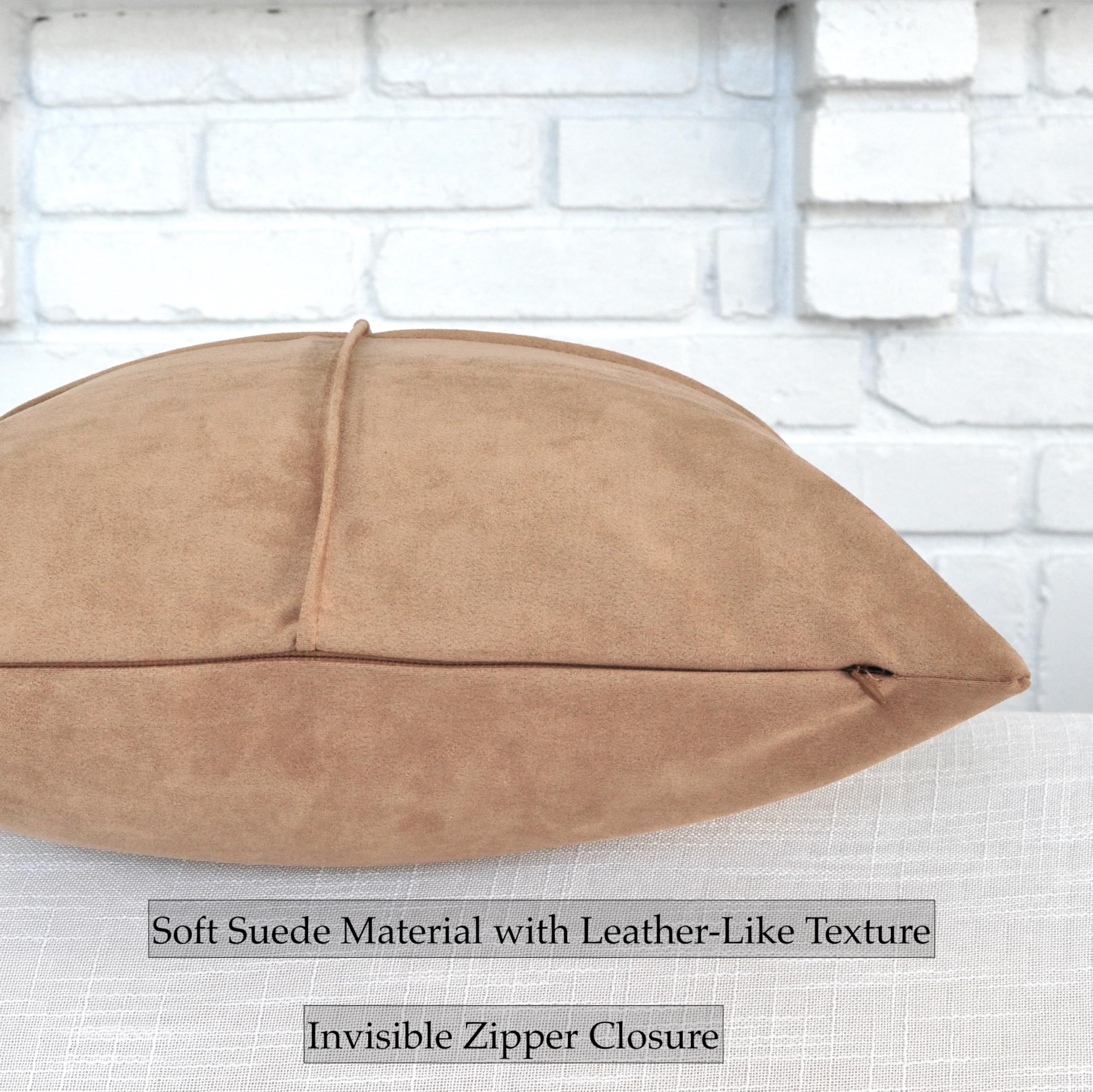 Lot de 2 housses de coussin décoratives carrées en daim synthétique doux imitation cuir pour canapé, sofa, chaise, en daim végétalien, marron clair, 45,7 x 45,7 cm, marron clair rustique et moderne