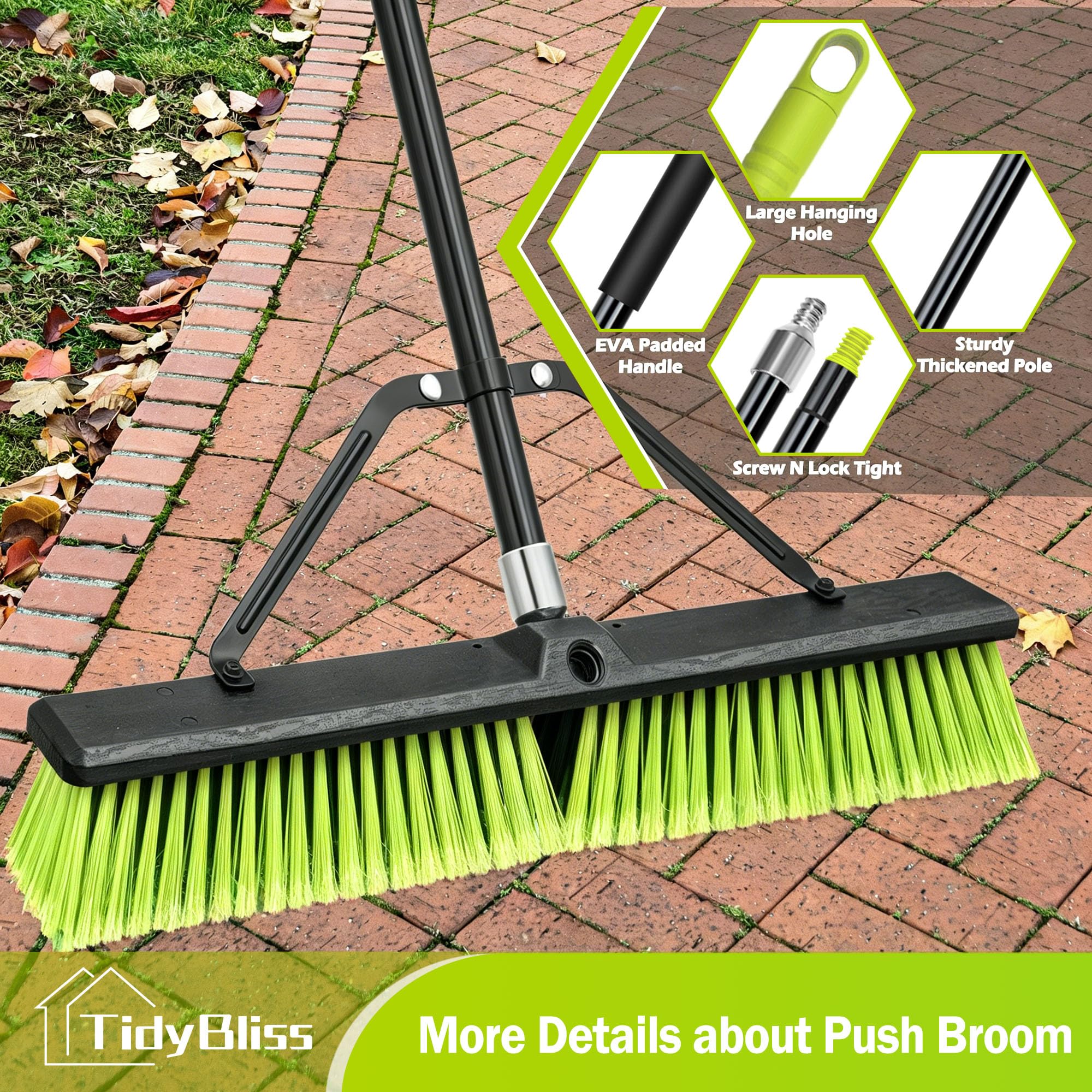 TidyBliss 2 Piezas Escoba Jardin de 60 cm para Exteriores, Cepillo Comercial Grande de Cerdas Rígidas con Mango Largo de 160 cm para Garaje, Taller, Jardín, Patio, Terraza, Calle (Amarillo Verdoso)