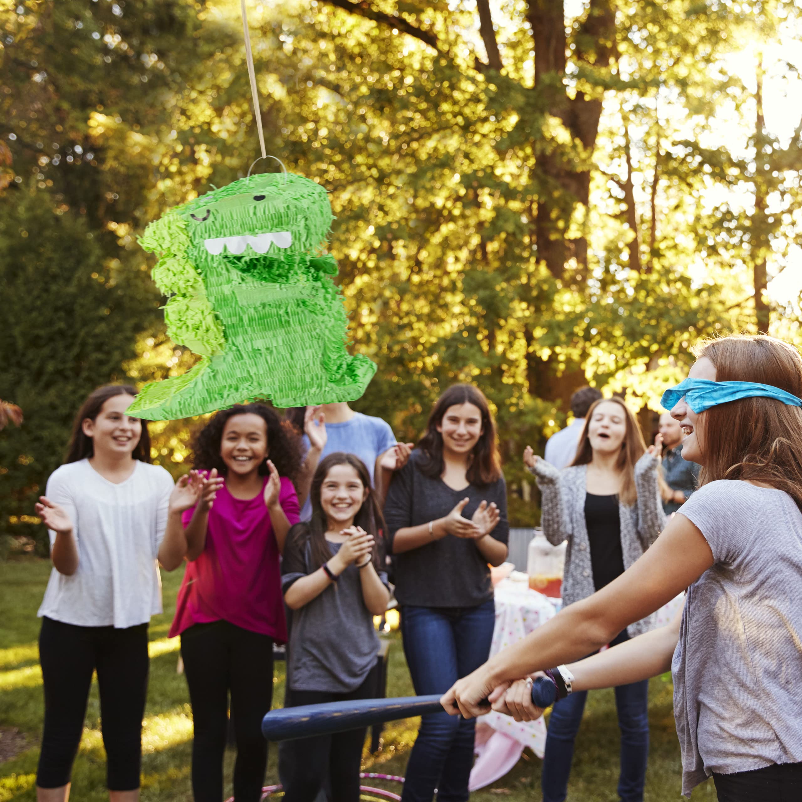 Relaxdays 2 Piñatas Dinosaurio, para Colgar, Fiestas Cumpleaños Niños y Niñas, Forma T-Rex, Dino, Rellenable, Papel, Verde