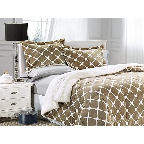Elegant Comfort Softest, Coziest Premium Quality Heavy Weight Micromink Sherpa-Backing Reversible Down Alternative Micro-Suede 3-Piece Comforter Set, Full, Bloomingdale Mocha