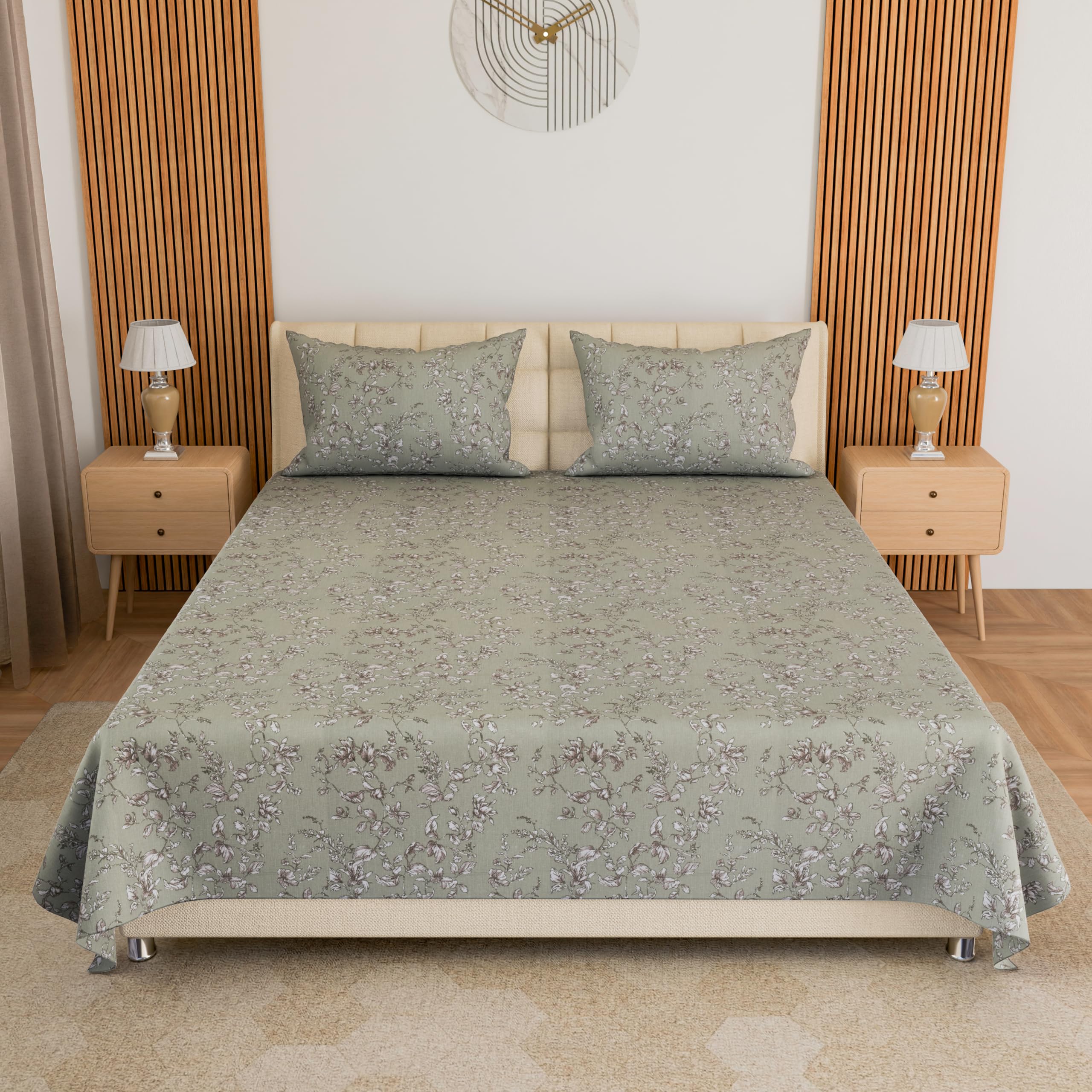 LINENWALAS 100% Cotton Twill Double Size Bedsheet with 2 Pillow Covers | Soft, Breathable & Floral Printed Bedsheet for Double Bed |300 TC | Wrinkle-Resistant, Fade-Proof (229 x 254 CM, Pista Green)