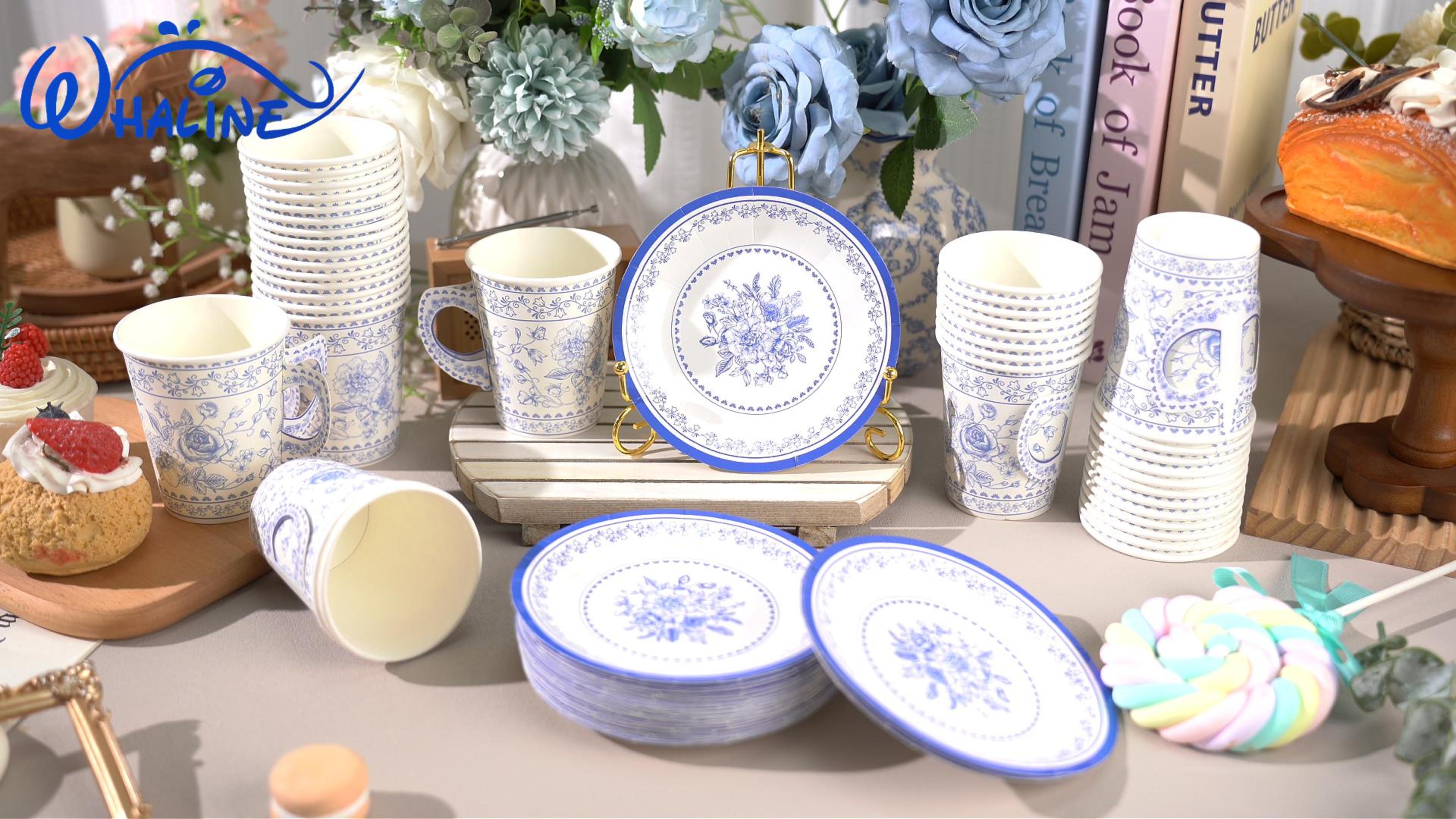 【ジョリーフルール】 TeaCupパーティ 総柄&クラシカルフラワー　白と青　S Amazon.com: Whaline 80Pcs Blue White Floral Paper Tea Cups and