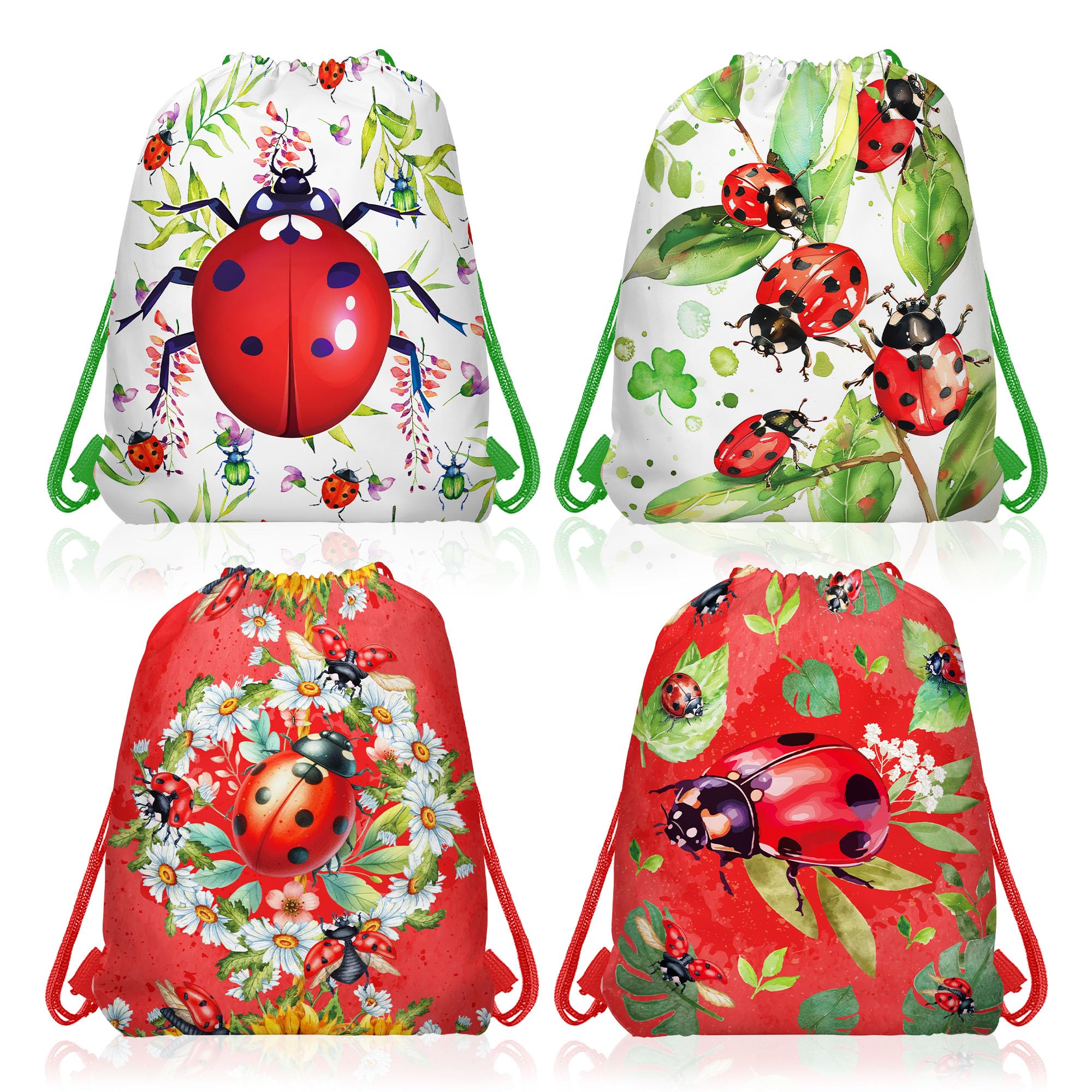 CC HOME 12Pcs Ladybug Drawstring Bags, Insect Treat Bags, Ladybug Floral Theme Favor Bags for Baby Shower Kids Girls Boys Birthday Decorations 10.6 x 13.4 inch