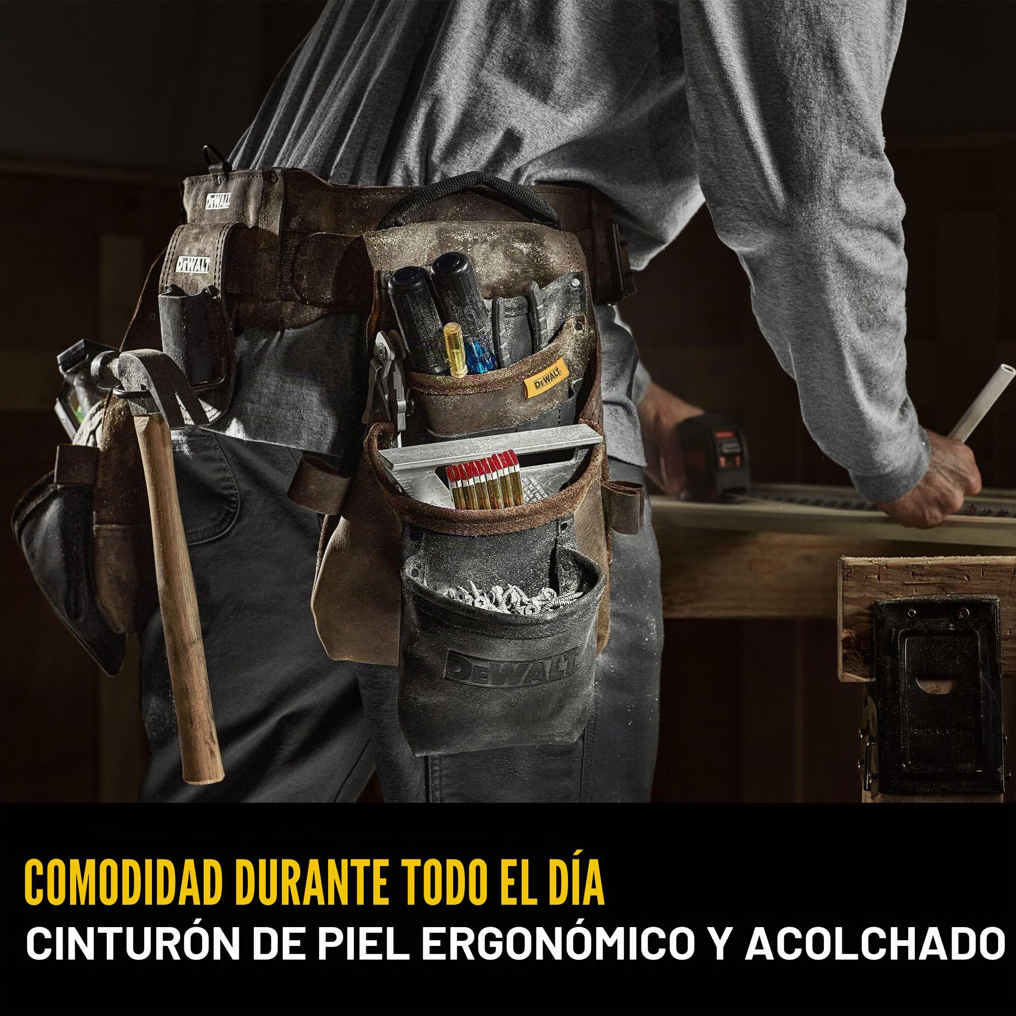 DEWALT Cinturón de herramientas, cinturón ajustable, 18 bolsillos, cuero, marrón (DWST550113)