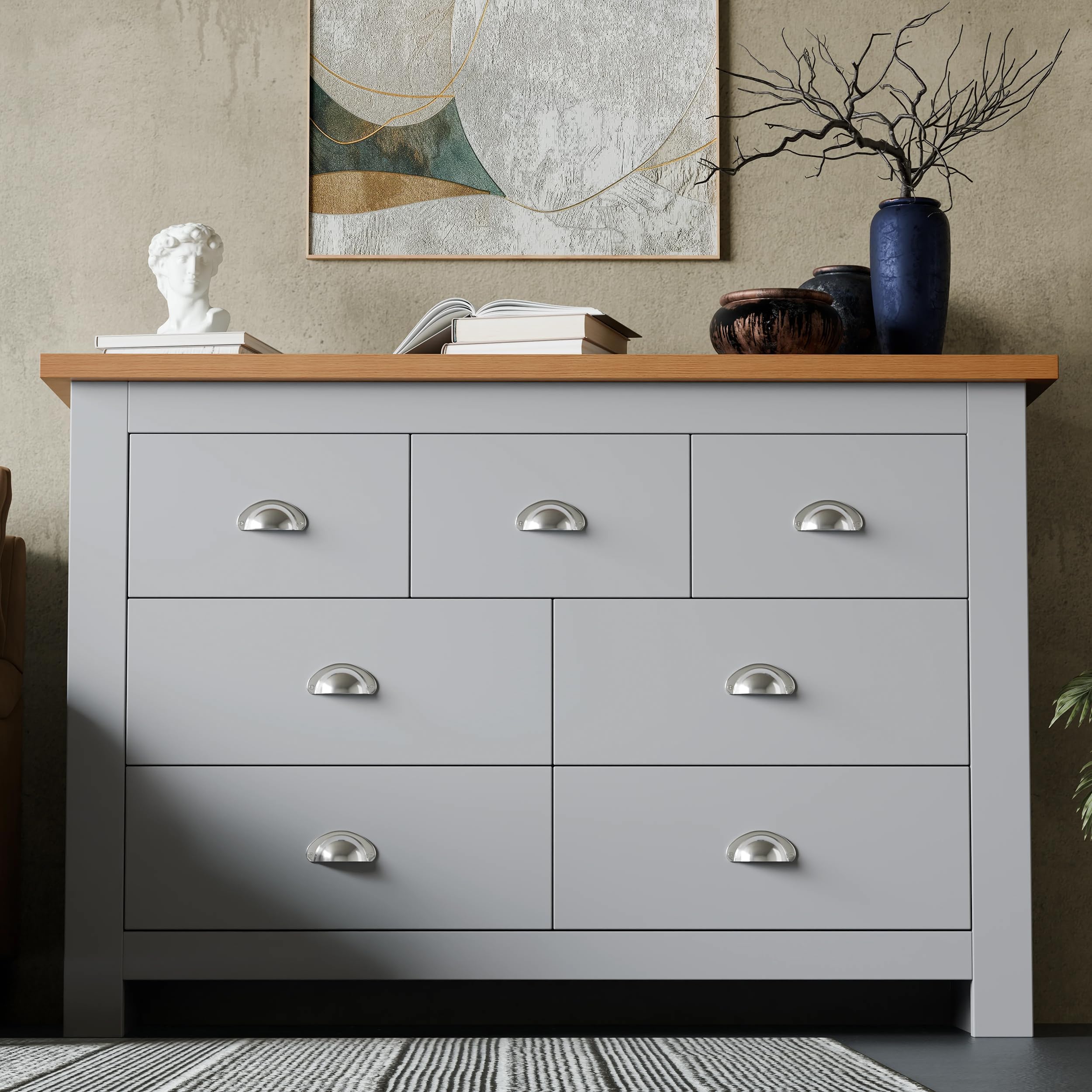 Blisswood Chest of Drawers, 4+3 Drawer for Bedroom Furniture Storage Cabinet Unit with Oak Top, MDF Wood Sideboard Chest for Living Room, Wardrobe or Hallway Furniture Grey/Oak 42Dx 108.5Wx 81.2H CM