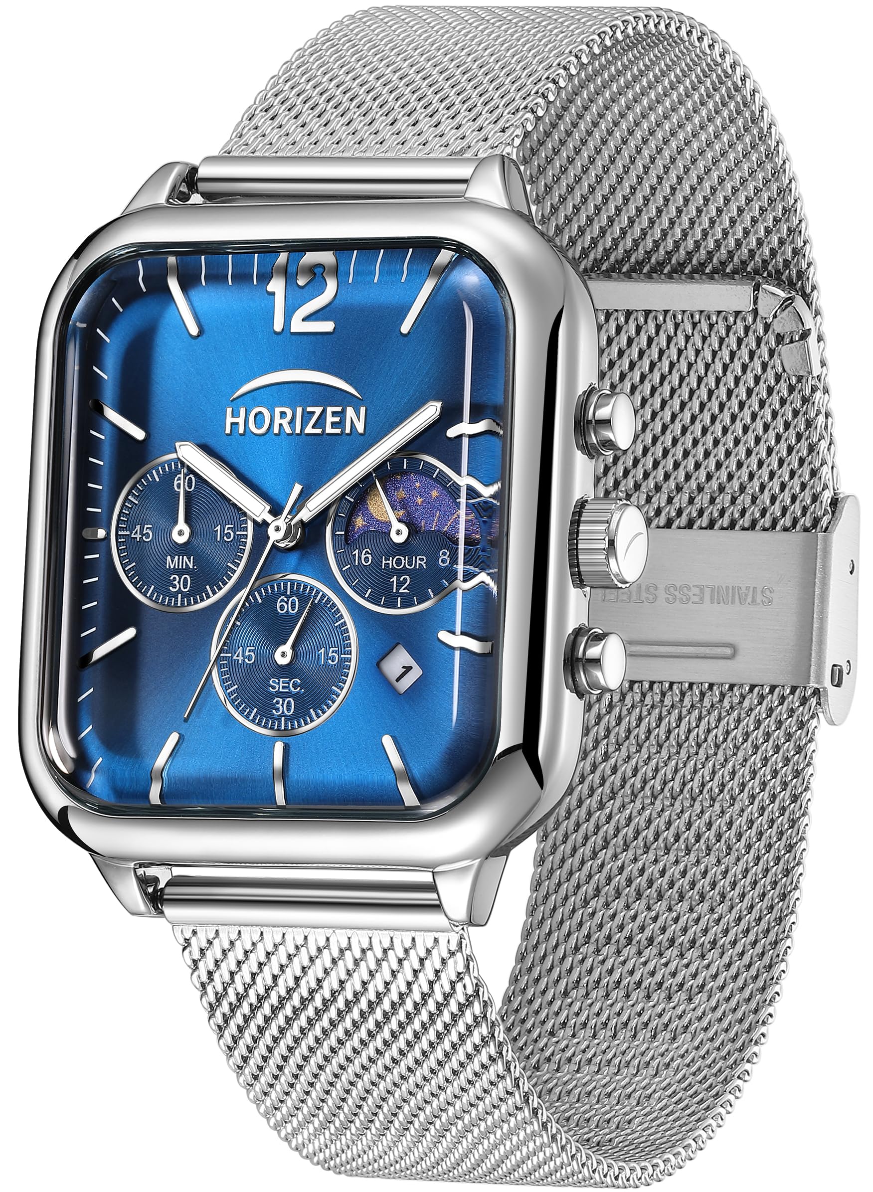 Small Square Dial Chronograph Luxury Analogue Watch for Men (Blue)-image-36
