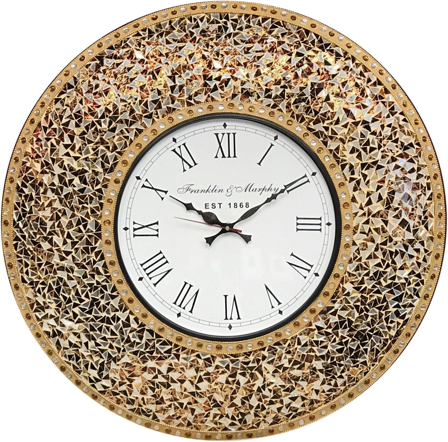 23” Decorative Wall Clock, Silent Clock with Decorative Glass Mosaic, Oversized Wall Clock (Name) (Golden Sands - Gold, Citrine & Chocolate Opal Look)