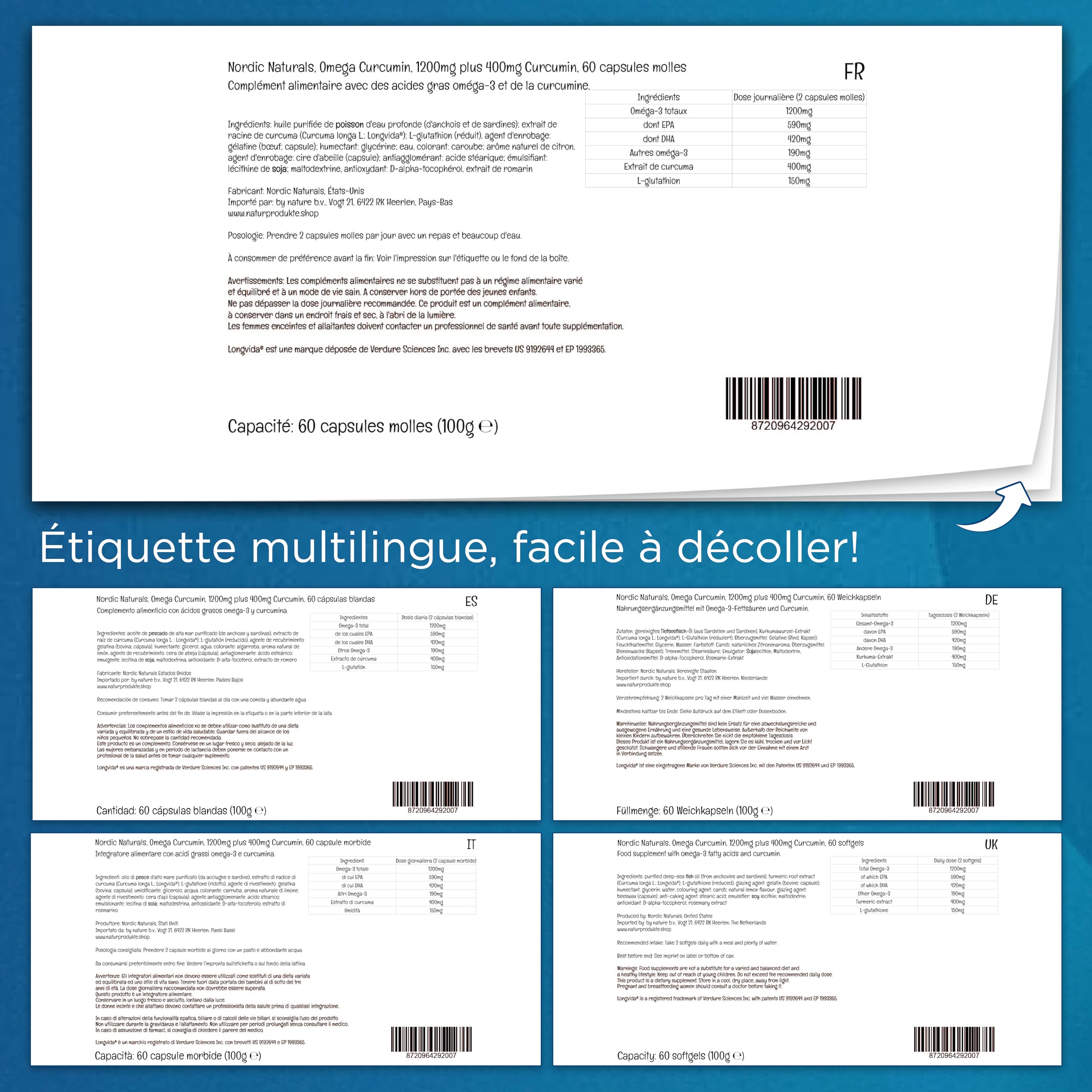 Nordic Naturals Omega Curcumin, 1200mg plus 400mg Curcumine, 60 Capsules molles, Goût de citron, Testé en Laboratoire, Sans Soja, Sans Gluten, Sans OGM
