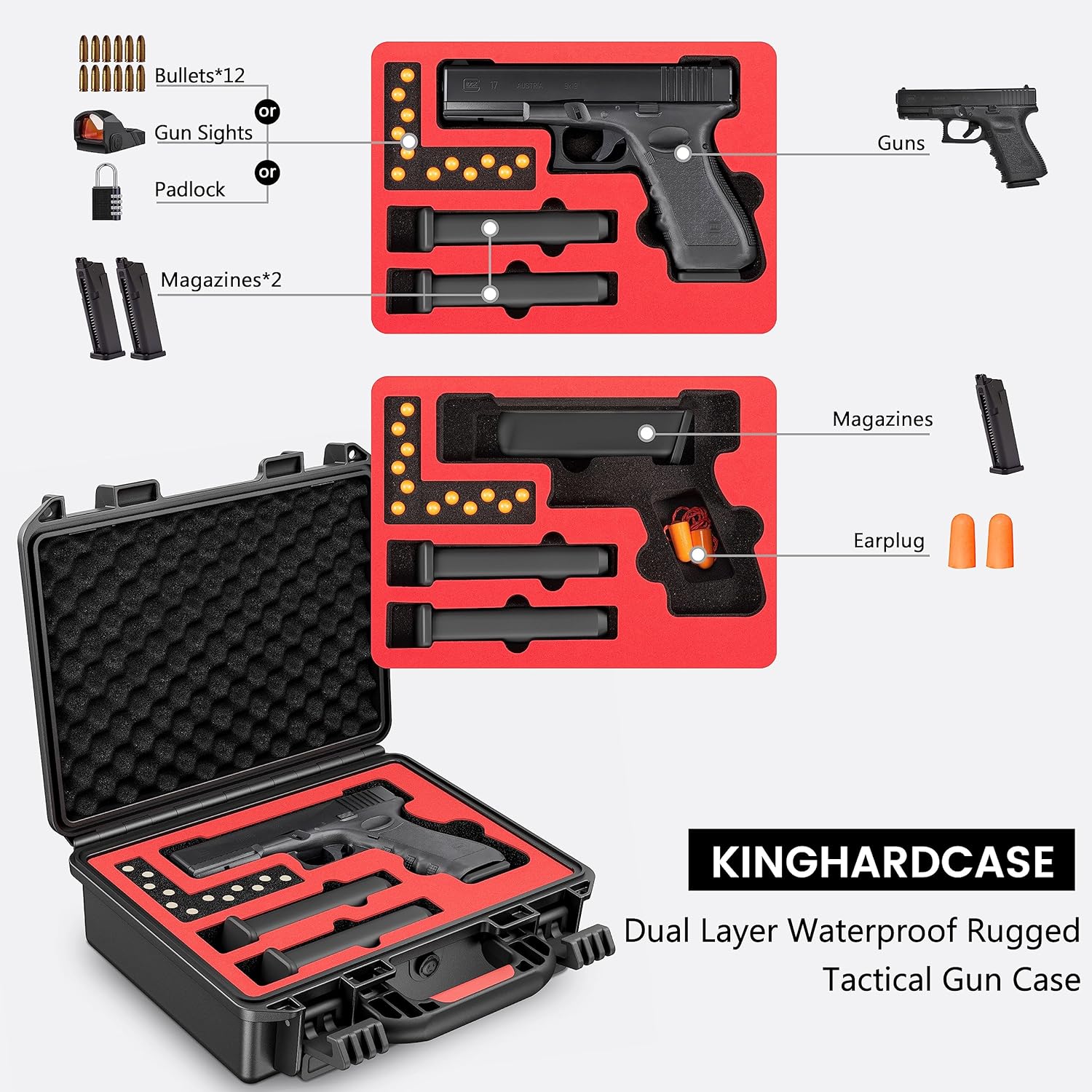Kinghardcase Lockable Handgun Case for Glock Gen6, TSA Gun Case for G17/G19/G20/G21/G22/G23/G31/G32/G37/G38/G43/G45, Waterproof Gun Case with Foam, Pistol Case for Transport & Storage