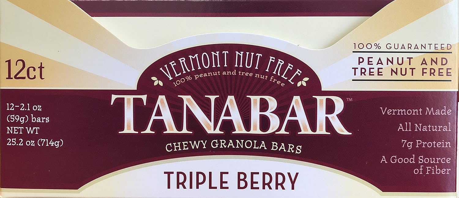 Vermont Nut Free Chocolates Chewy Granola TANABAR (Triple Berry) 2.1 Ounce Bars, 12 Count, Nut-Free, Kosher