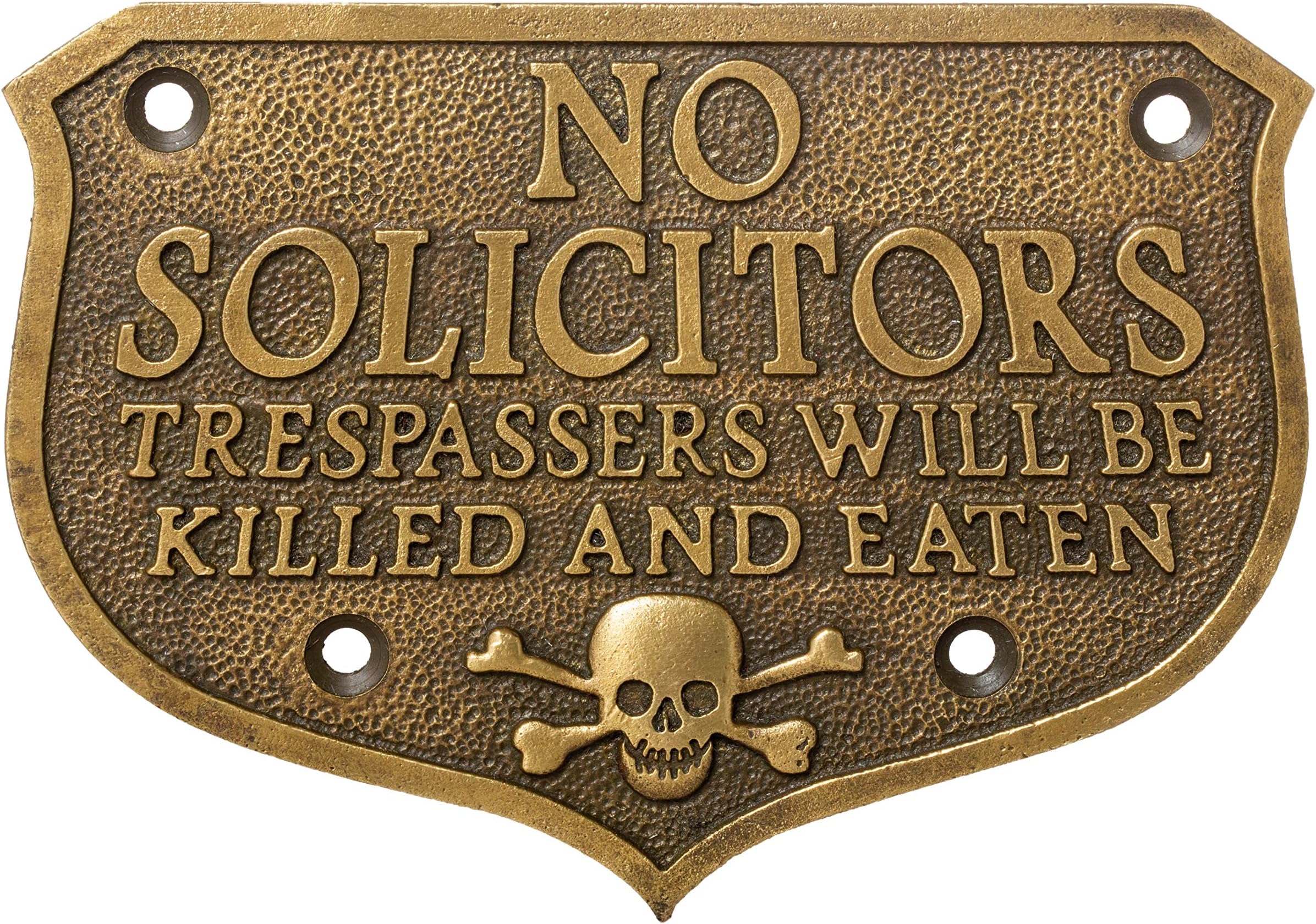 Artisan Owl Solid Brass Antique Finish Door Plaque - Funny "No Solicitors, Trespassers Will Be Killed and Eaten" Home Warning Sign - Unique Decorative Sign for Home and Office Decor