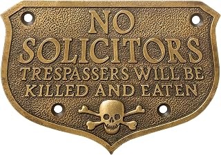 Artisan Owl Solid Brass Antique Finish Door Plaque - Funny "No Solicitors, Trespassers Will Be Killed and Eaten" Home Warning Sign - Unique Decorative Sign for Home and Office Decor