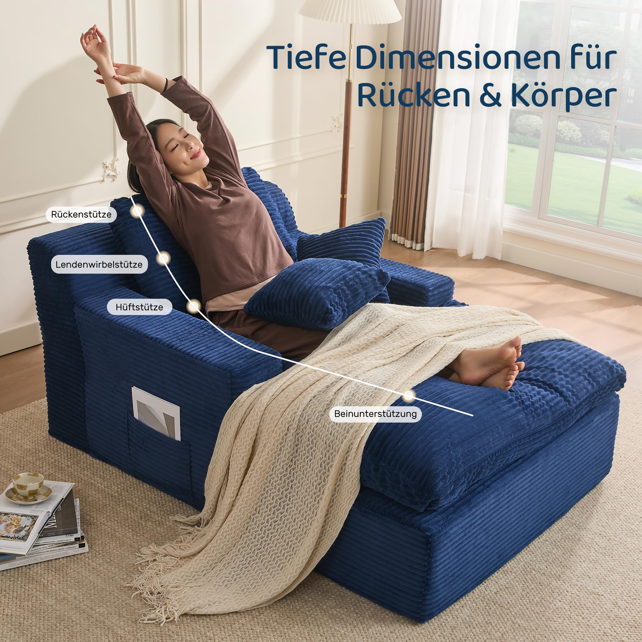 Divano Lounge 160 cm con Braccioli, Velluto a Coste (Blu navy)