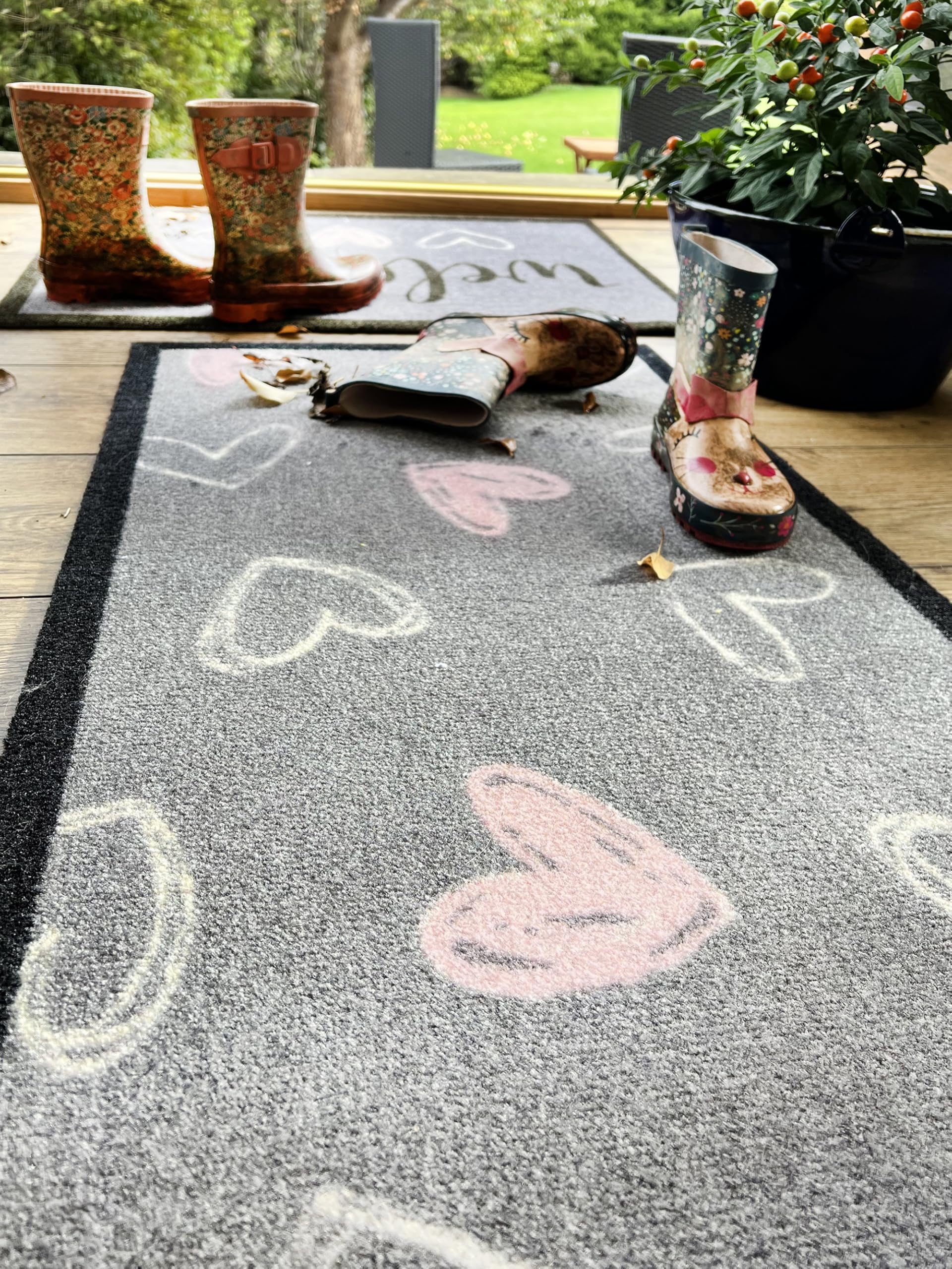 Lord of Rugs Washable Entryway Non-Slip Mat for Home Entrance Rug, Hallway Runner, Bathroom or Kitchen Easy Clean Durable Absorbent Stain Resistant Mud Mat Welcome Hearts Grey, 50 x 150 cm (2'x5') โ image 1