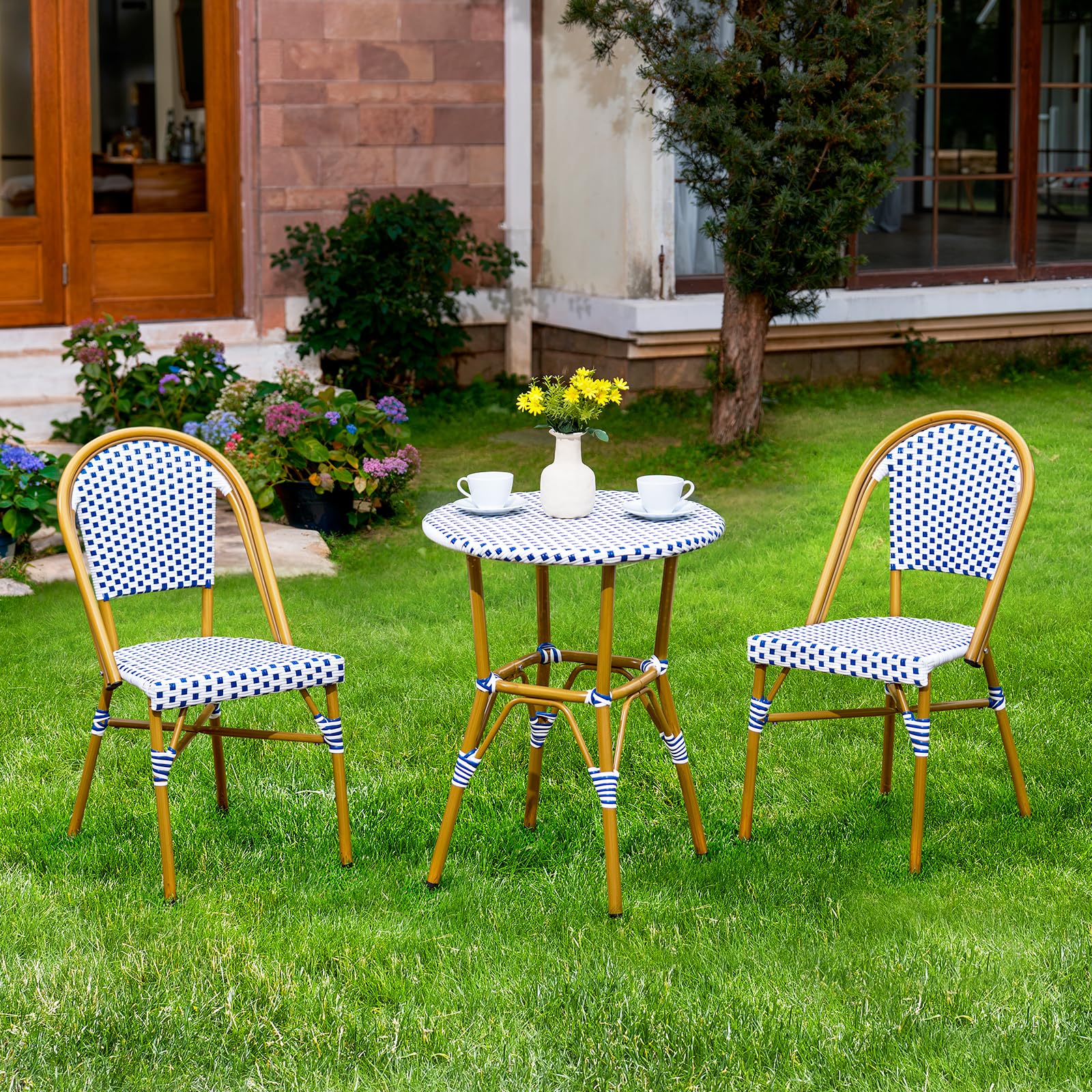 3 Piece Patio Bistro Set, French Wicker Outdoor Bistro Set with Round Table and 2 Dining Chairs, ?Aluminum Furniture, All Weather Outdoor Patio Set for Garden Balcony Cafes Yard, Navy and White