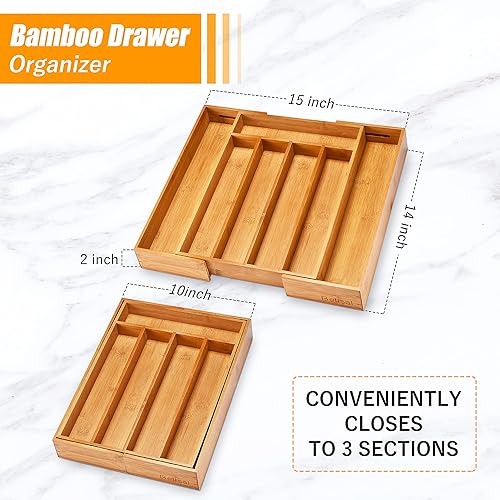Miniatura 3 de Bellsal Organizador de cubiertos de 2 piezas con ranuras, organizador de cajones de cocina expandible de bambú, bandeja para utensilios de cocina y