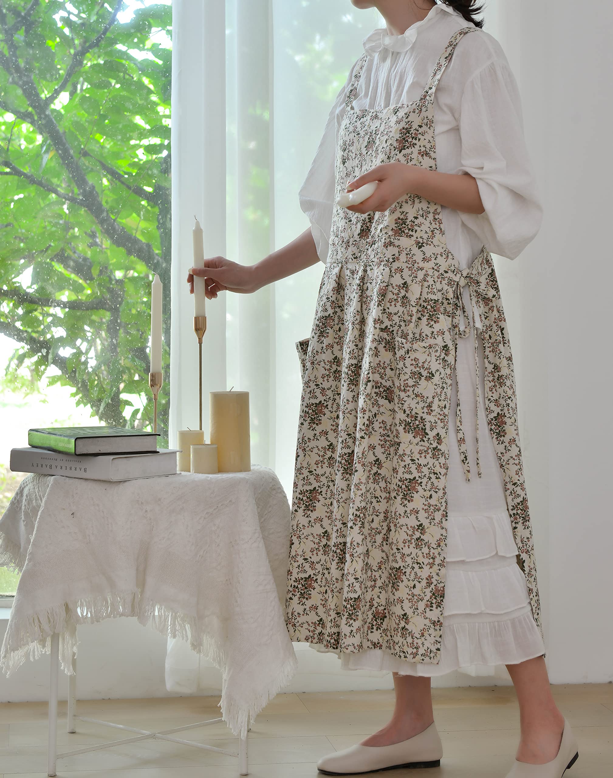 Qushy - Delantal de cocina de algodón floral impermeable para adultos, ajustable, para cocinar, hornear, jardín, chef, con bolsillo