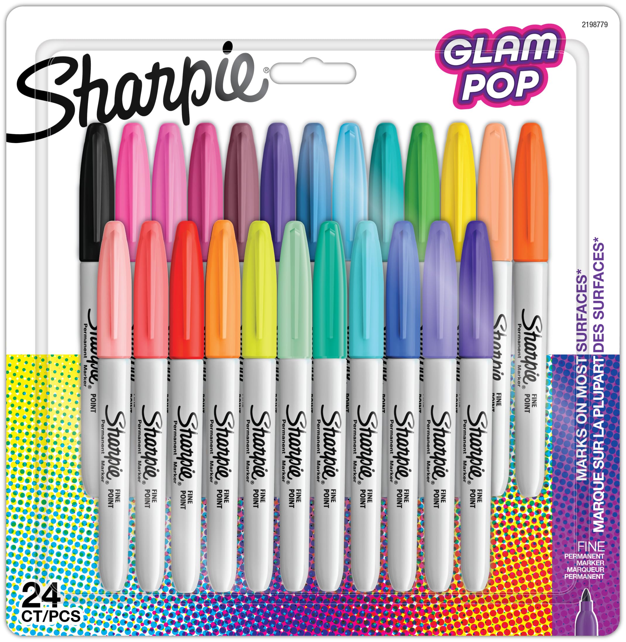 Marqueur Permanent Pointe Fine Sharpie Glam Pop - Lot De 24 Marqueurs Permanents - Pointe Fine - Couleurs Vives - Pour Toutes Surfaces Feutre Sharpie