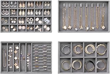 Velvet Jewelry Drawer Organizer Trays Grey Stackable Jewelry Storage Inserts Set, 4-Layer Jewelry Tray Set for Earrings, Rings, Necklaces, Bracelets with Removable Dividers for Dresser & Vanity