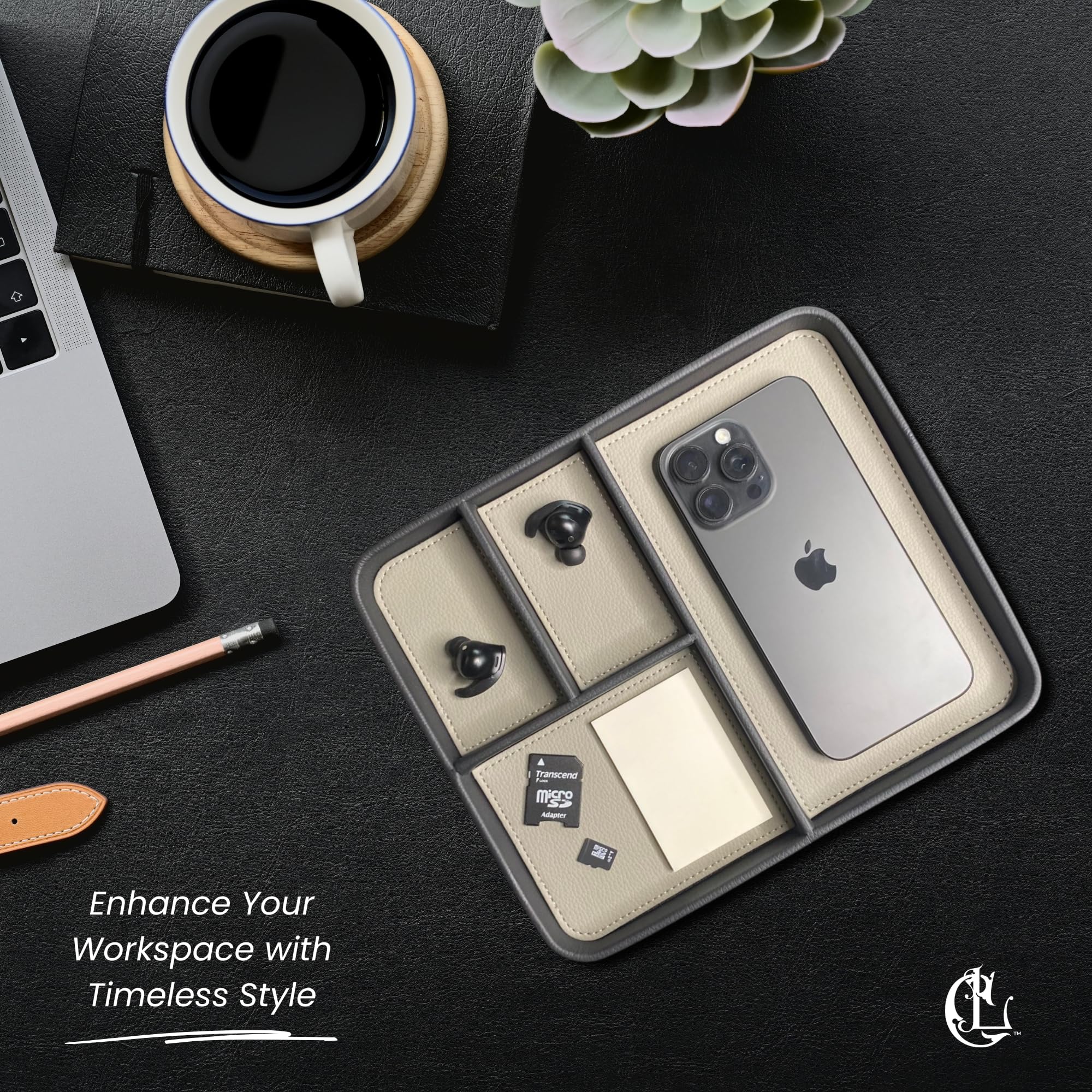 The Chill Tray - Desk Organiser Valet Tray - Premium Vegan Leather, EDC Catchall, Versatile Storage, Phone, Jewellery, Office Accessories, Keys, Watch, Bedside Table Caddy (Raven & Moonlight) - Image 2