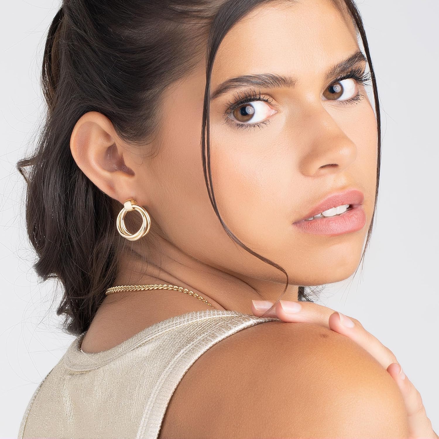 Barzel 18K Gold Plated Minimalist Triple Hoop Earrings, Dainty Dangling Style, Made in Brazil - Image 3