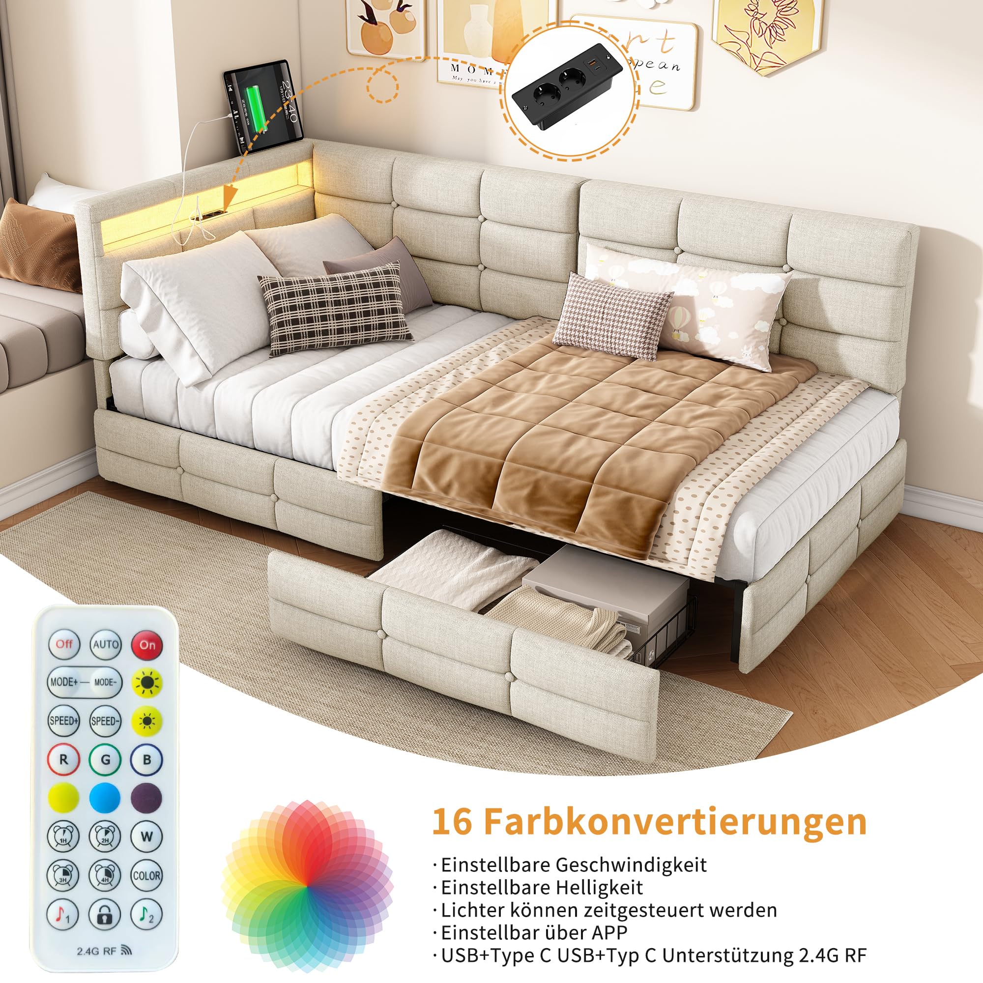 Polsterbett Schlafsofa 90x200 mit LED-Beleuchtung & USB-Ladestation, Jugendbett Tagesbett mit Stauraum & 2 Schubladen, Gästebett Bettgestell mit Lattenrost, Leinen Beige