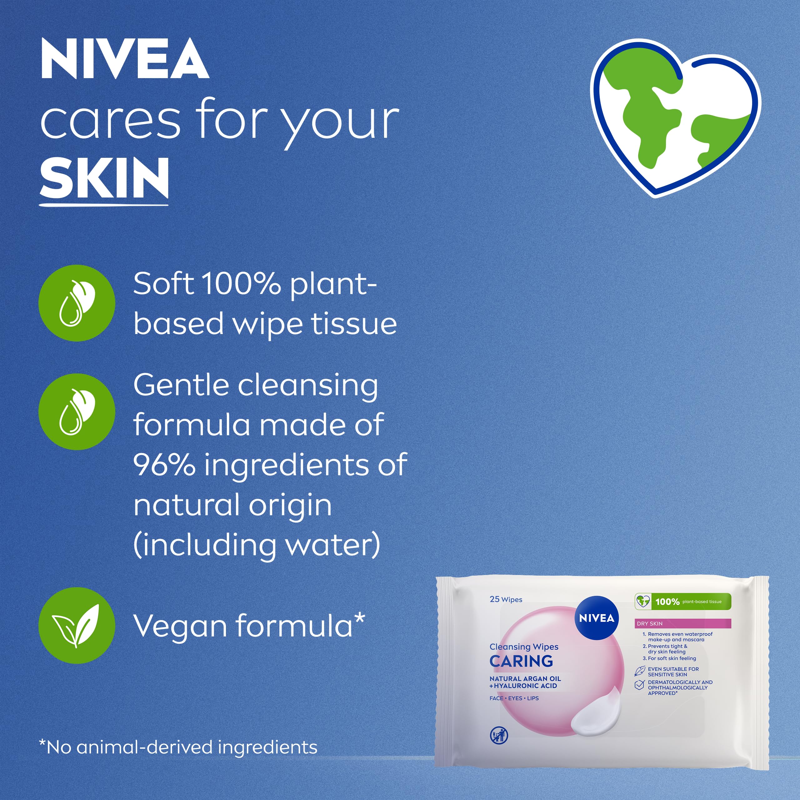 NIVEA Caring 3-in-1 Cleansing Face Wipes for Dry Skin (25 Sheets), Nourishing Face Cleanser and Makeup Wipes for Gentle Yet Effective Makeup Removal — view 7
