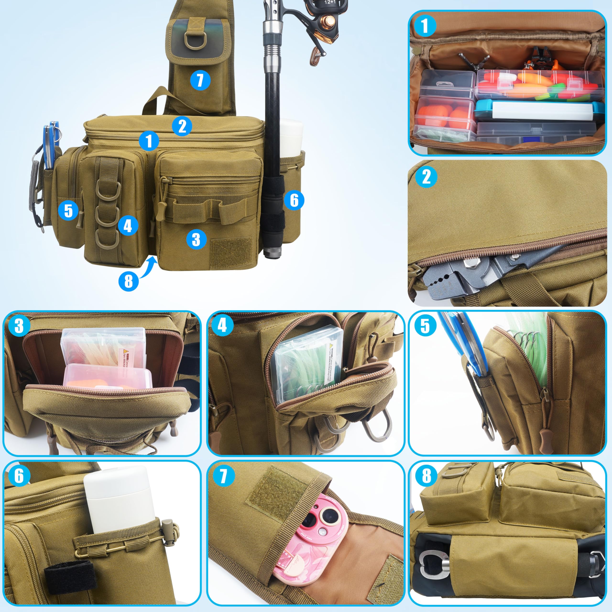 OROOTL Borsa a tracolla da pesca con supporto per canna, zaino da pesca portatile, leggero, impermeabile, borsa a tracolla per attrezzi da pesca, per uomini e donne, regalo