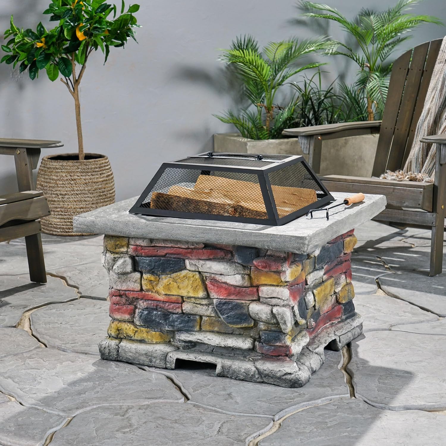 29 Inch Outdoor Fire Pit Table, Wood Burning Fire Pit for Patio with Spark Screen, Fire Poker, MGO Square Fireplace for Camping, Garden, Backyard, Bonfire Party, Stone Gray