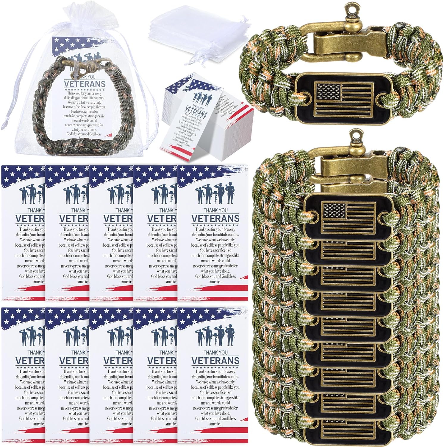 Tondiamo 10/20 Sets Veterans Day Paracord Bracelet for Men Military Army Tactical Survival Bracelet with Bronze USA Flag with Memorial Day Card Bulk Organza Bag