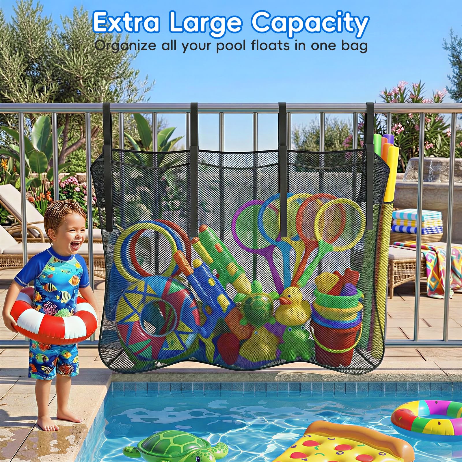 Filet De Rangement Pour Piscine – Suspendu, Séchage Rapide, Grande Capacité 150x85x30 Cm – Pour Jouets Et Flotteurs