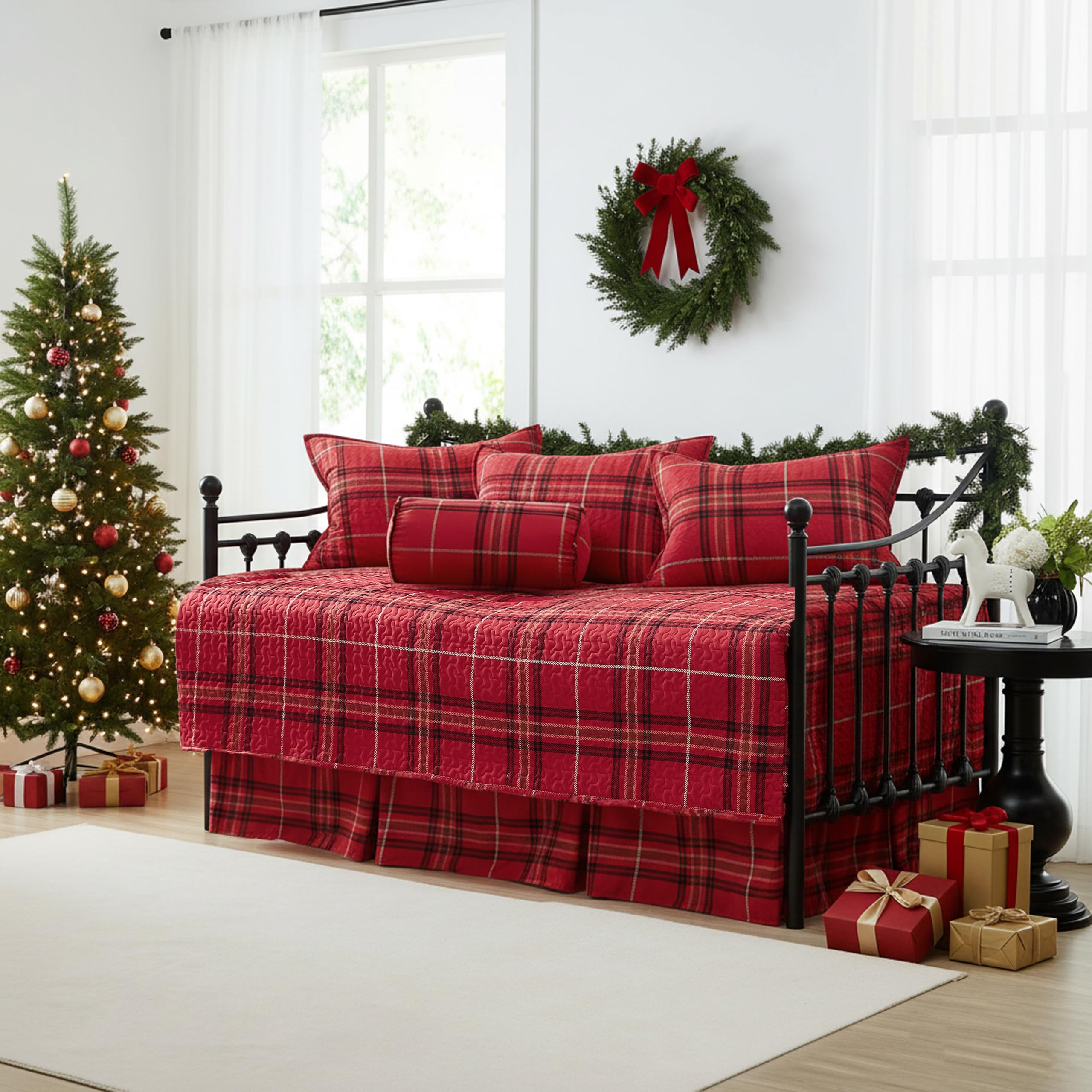 Daybed Quilt Set 6PC Bedding Set soft Daybed Cover for twin beds Plaid Red