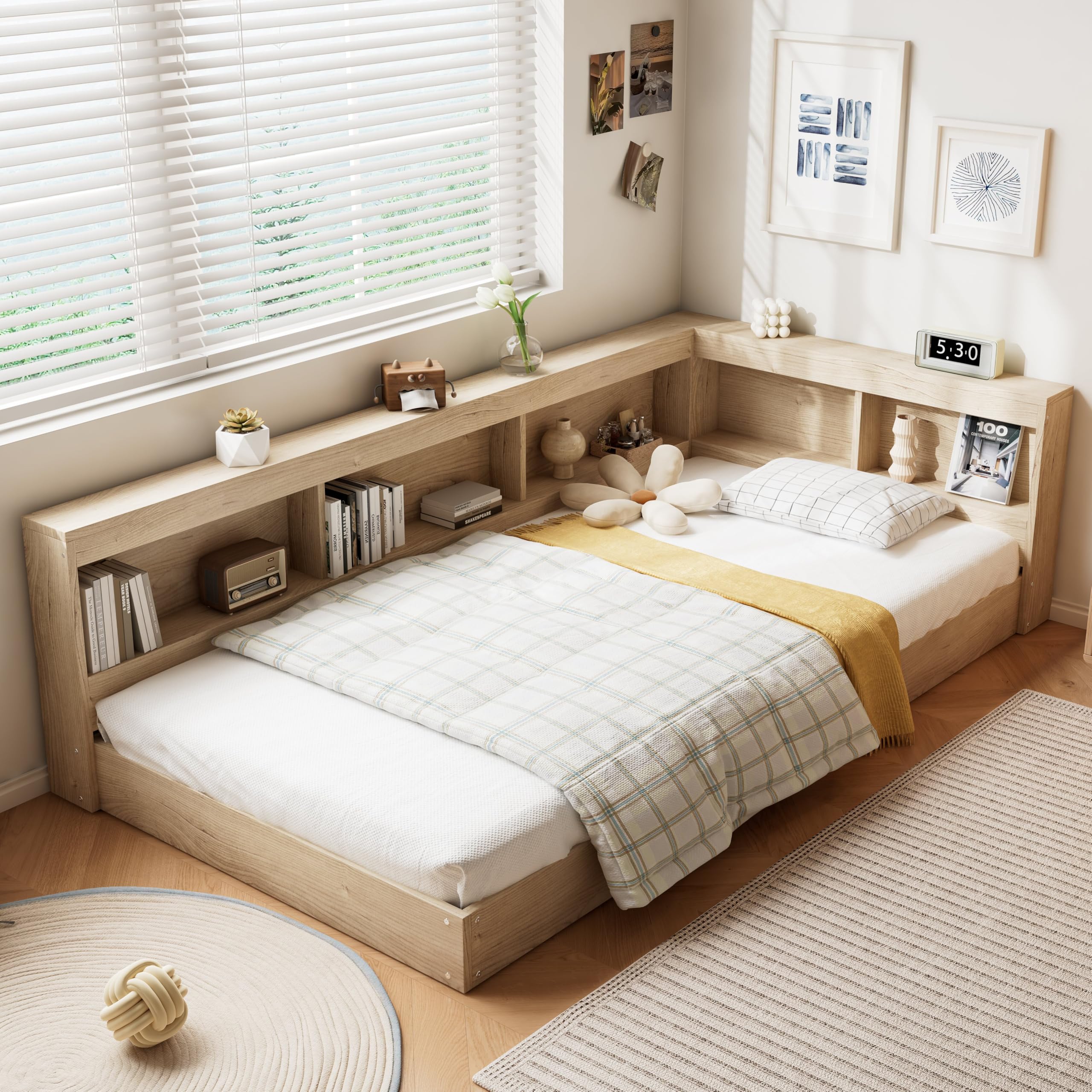Merax Single Wooden Storage Bed, Multifunctional Single Bed Frame with Storage Compartments, Cabinet Platform Bed, for Children Teenagers, MDF+Plywood, 90 x190 cm, White Oak Color