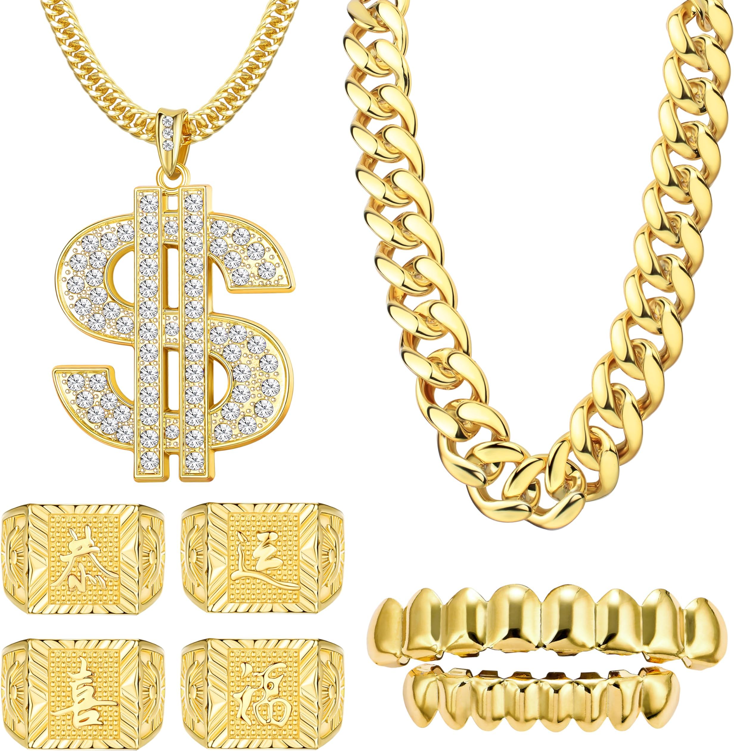 LOYALLOOK80s 90s Hip Hop Costumes Outfit for Men Women Fake Gold Chain Necklace Money Chain Dollar Sign Gold Kanji Ring Old School Rapper Teeth Grillz Rapper Accessories Set Halloween
