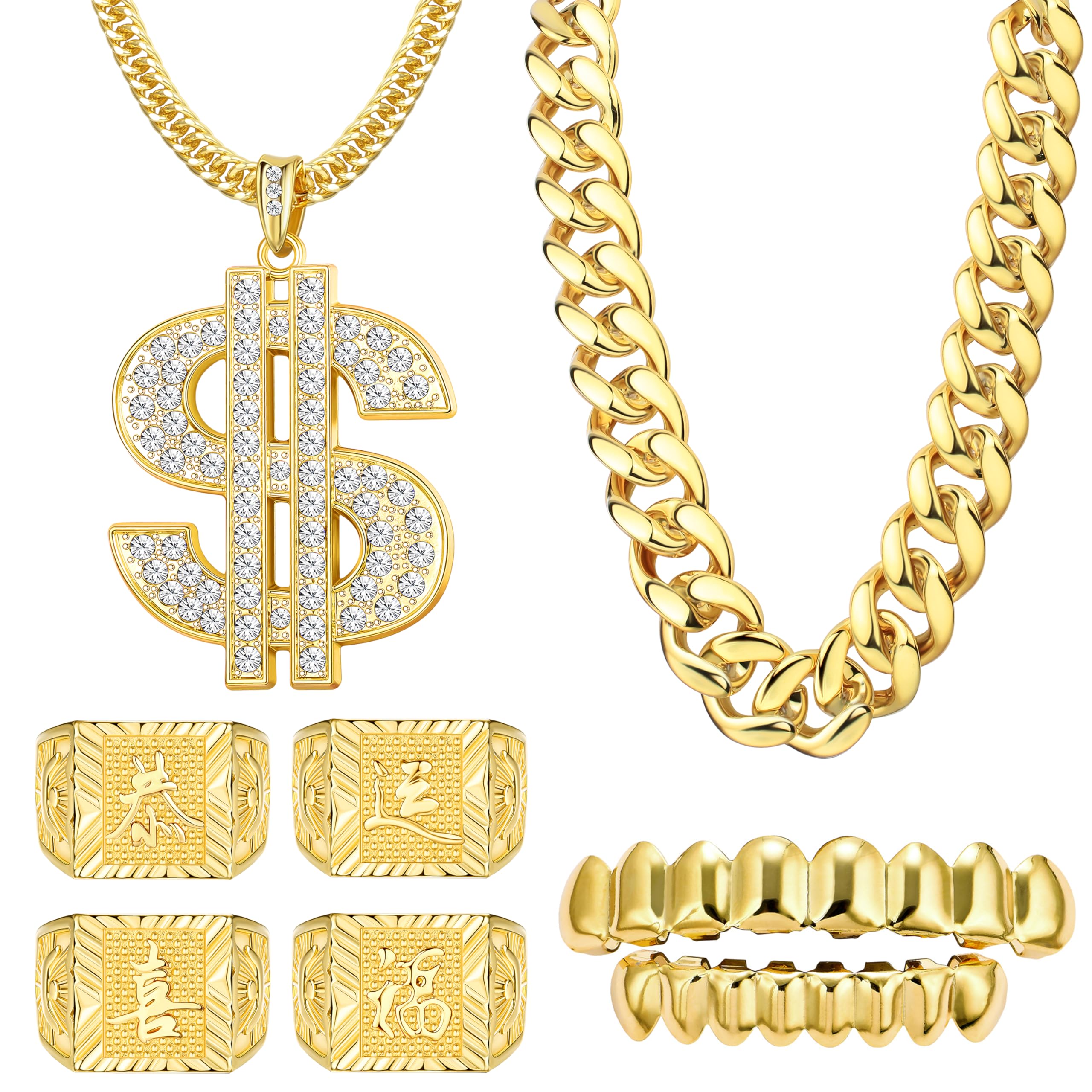LOYALLOOK80s 90s Hip Hop Costumes Outfit for Men Women Fake Gold Chain Necklace Money Chain Dollar Sign Gold Kanji Ring Old School Rapper Teeth Grillz Rapper Accessories Set Halloween