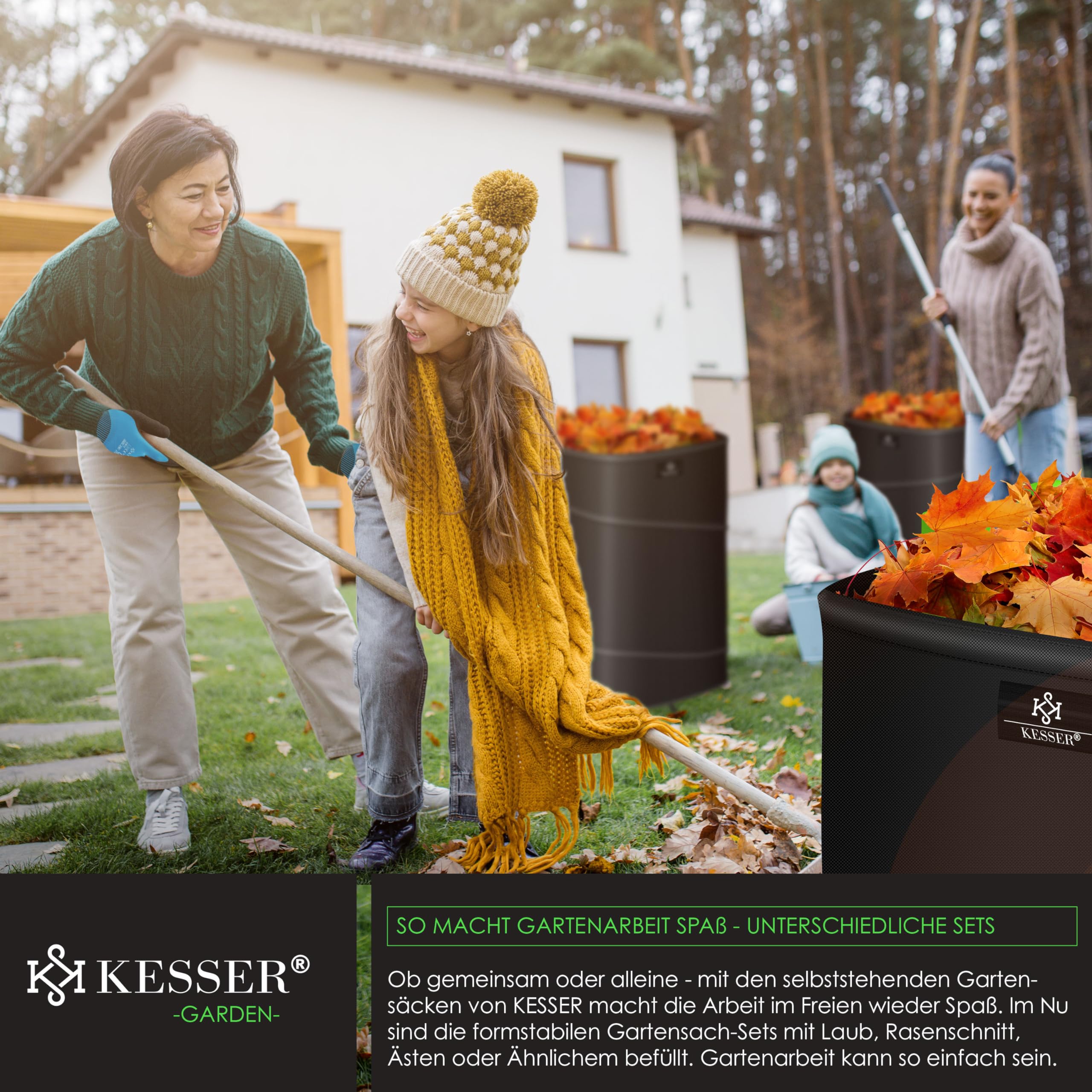 KESSER® Set di Sacchi da Giardino Pop-up - 4x 73 Litri, Sacco per Rifiuti da Giardino con Guanti, Autoportante con Maniglie, Robusto, Robusto e Richiudibile, Nero/Verde Chiaro