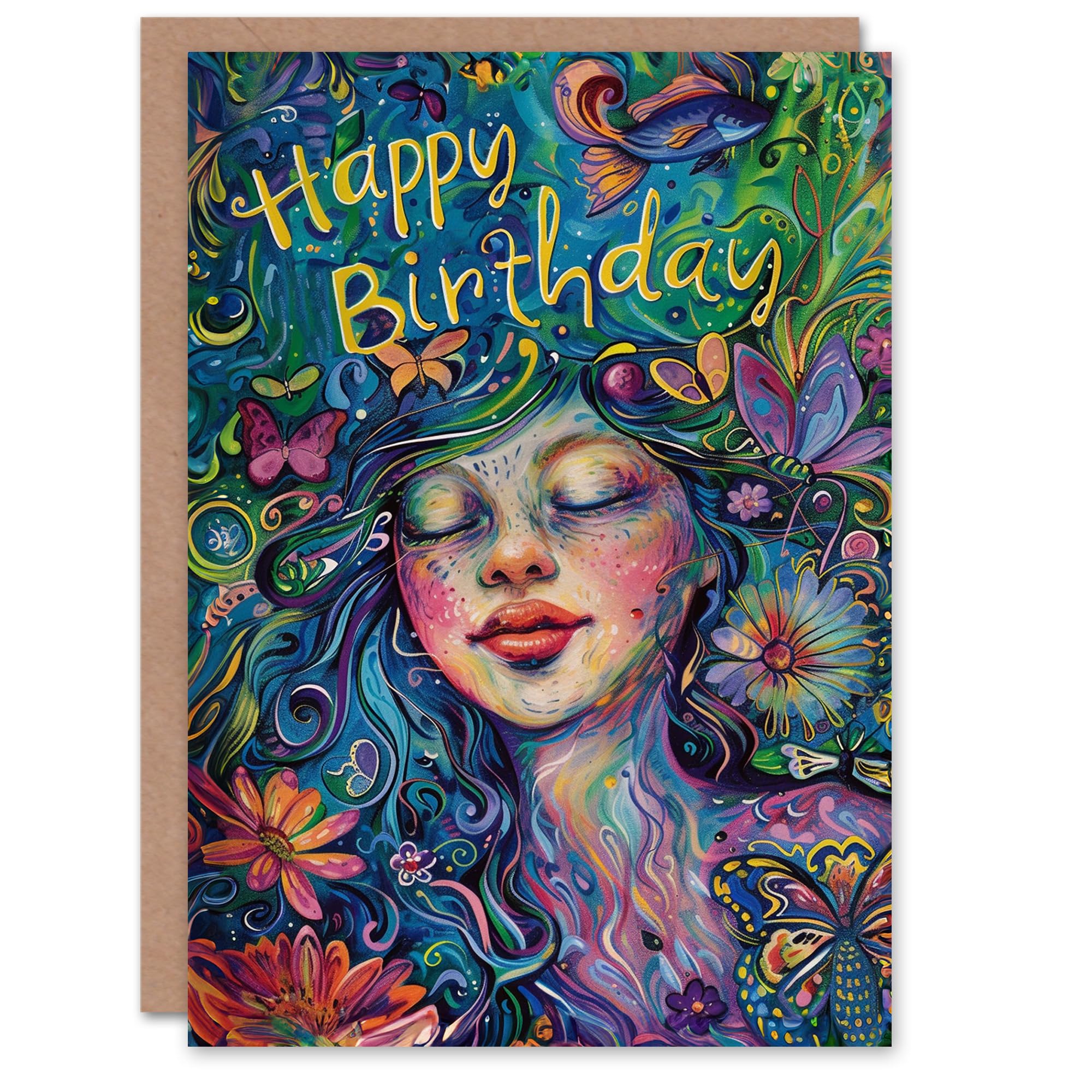 Artery8 Birthday Card Flower Fairy Girl Trippy Colourful Portrait For Her Gran Sister Niece Daughter Wife Woman Greeting Card
