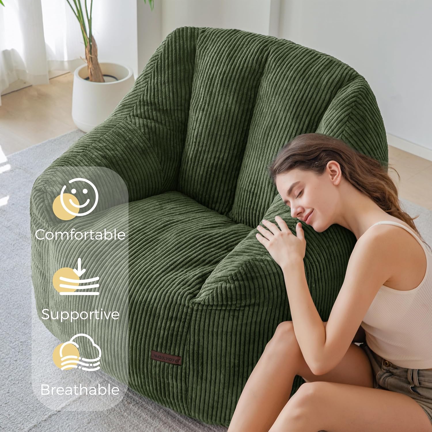 MAXYOYO Bean Bag Chair, Bean Bag Sofa with Filler, Cozy Living Room Chair for Adults and Kids, Stuffed Floor Sofa for Bedroom Dorm Reading, Dark Green