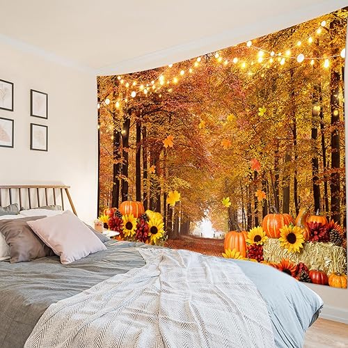 Miniatura 2 de HVEST Tapiz de calabaza de arce otoñal para colgar en la pared, tapiz de lámpara de girasoles y árboles de arce naranja, tapiz de paisaje otoñal