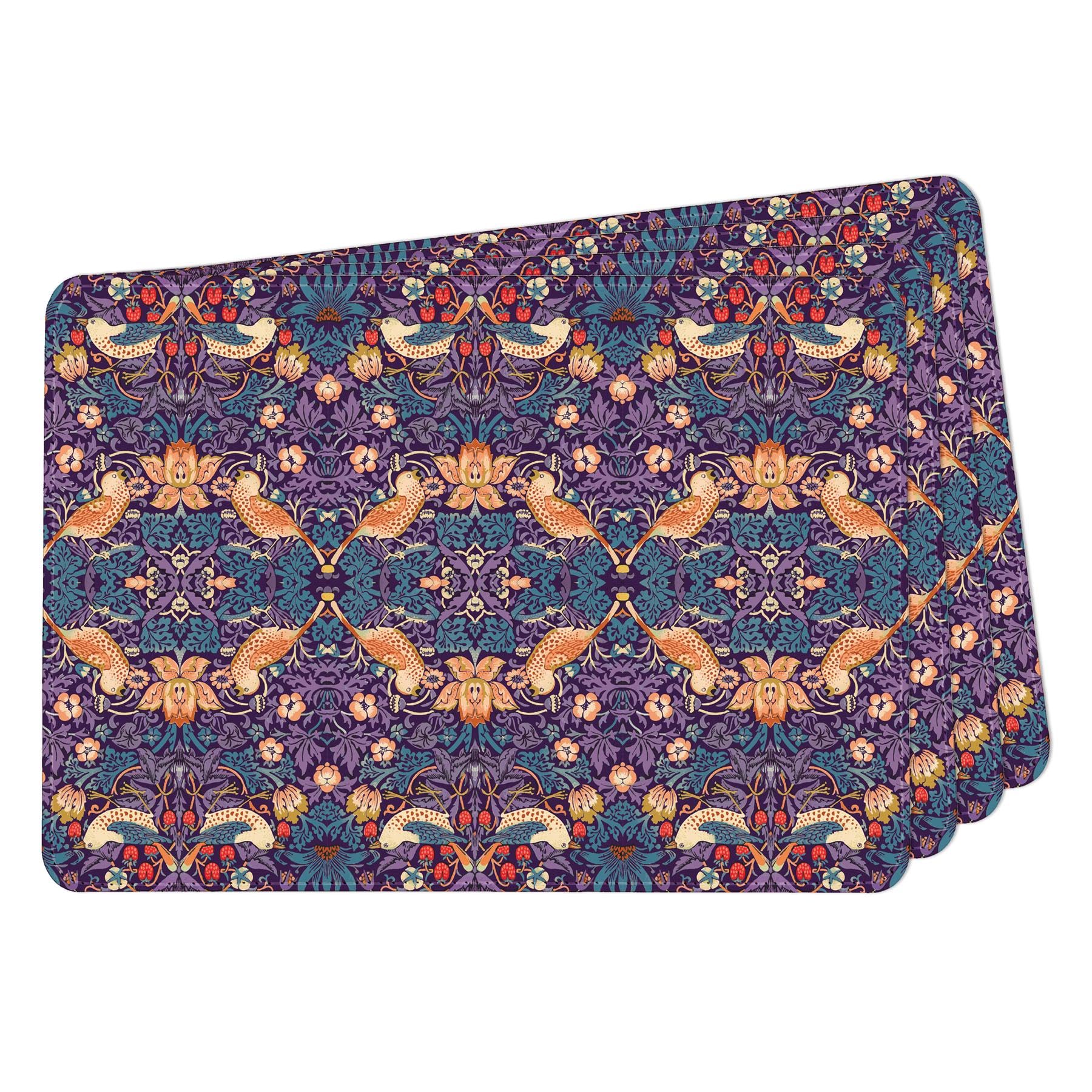 Set of 4 Faux Leather Placemats - Purple Strawberry Thief - Waterproof Wipeable Dining Table Mats, 28 x 20cm