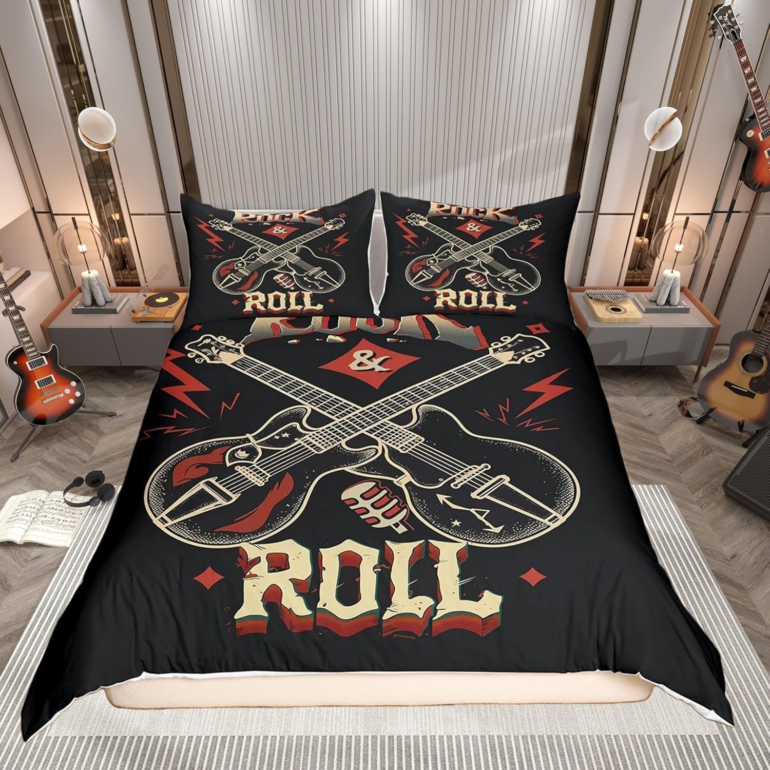 Guitar Print Duvet Cover Rock Music Bedding Set Black and Red Comforter Cover for Boys Girls Kids Room Decor Hip Hop Style Lightweight Bedspread Cover Twin Size with 1 Pillow Case(No Comforter)