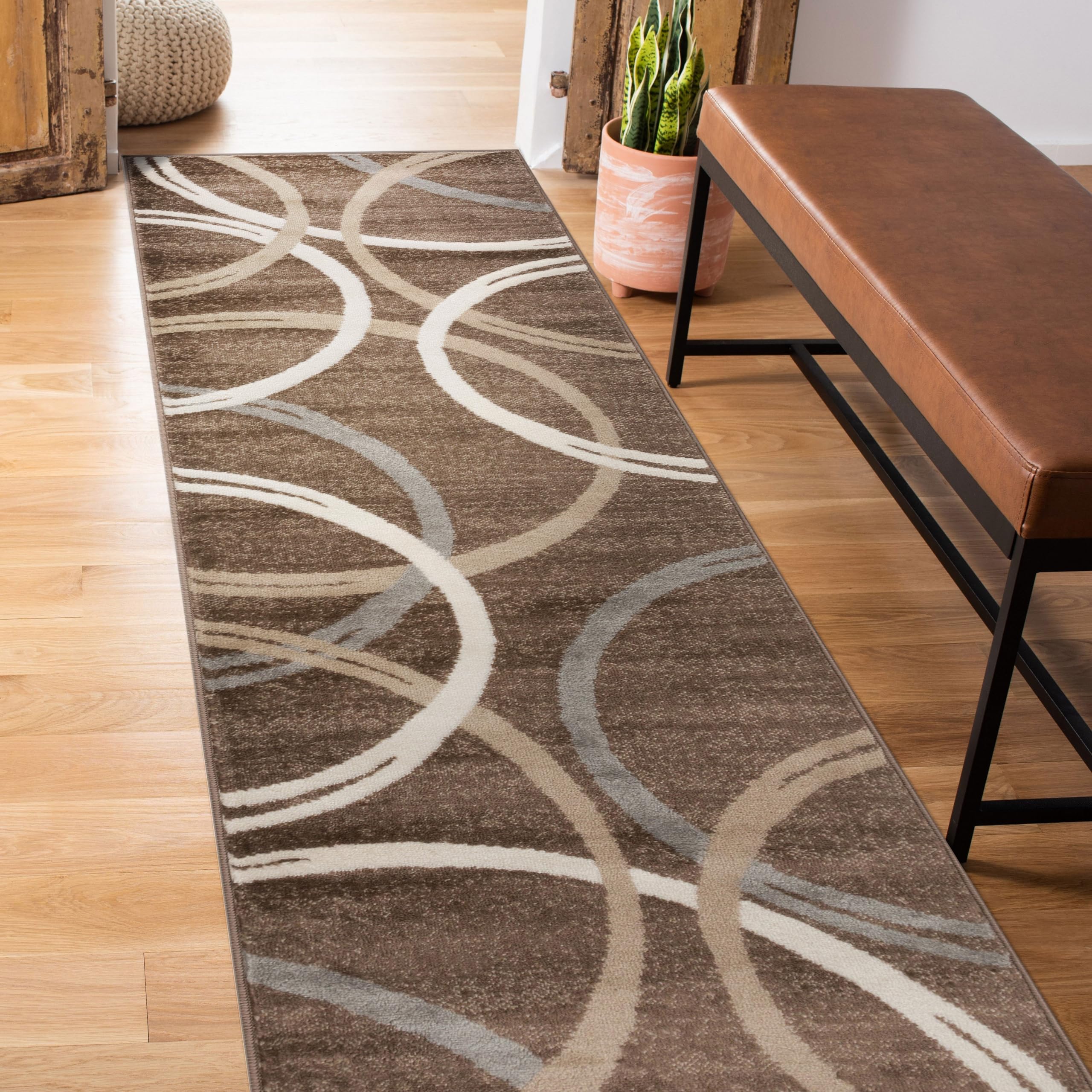 Rugshop Modern Wavy Circles Design Runner Rug, Fade-Resistant Carpet for Hallway, Entryway, or Kitchen, Brown, 2' x 10'