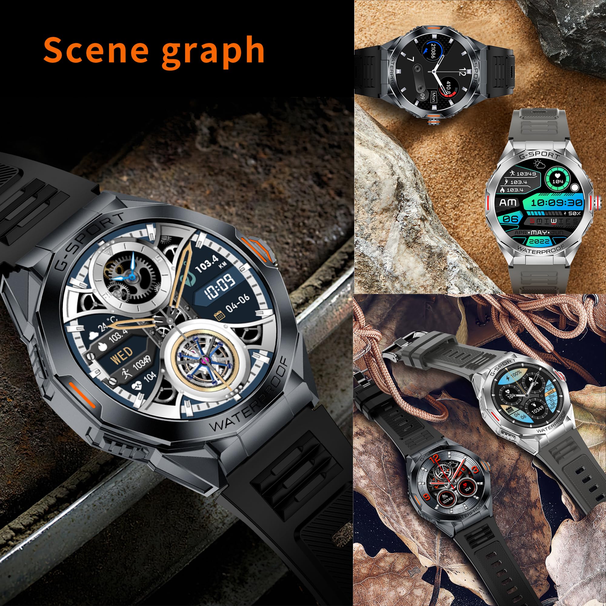 5ATM Montre Connectée Homme avec Appels Bluetooth, 1,46” AMOLED Smartwatch avec 123 Modes Sportifs/SpO2/Fréquence Cardiaque/Lecteur de Musique/Montre Intelligente Fitness pour Android iOS (Noir)