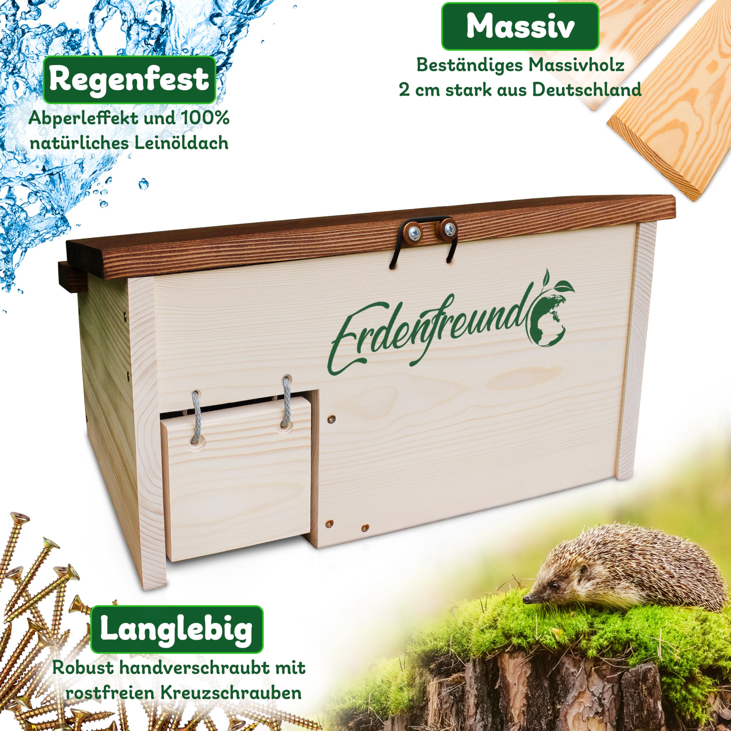 Erdenfreund® Igelhaus mit Rattenklappe, Sicherheitsverschluss & Labyrintheingang gegen Fressfeinde Igelhotel groß für den Winterschlaf & zum Nisten (Igelhaus Winterquartier & Nisthaus rattensicher)