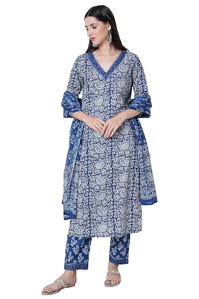 Arayna Women's Cotton Straight Kurta Set with Dupatta and Palazzo Pants, Floral Printed Blue Kurti