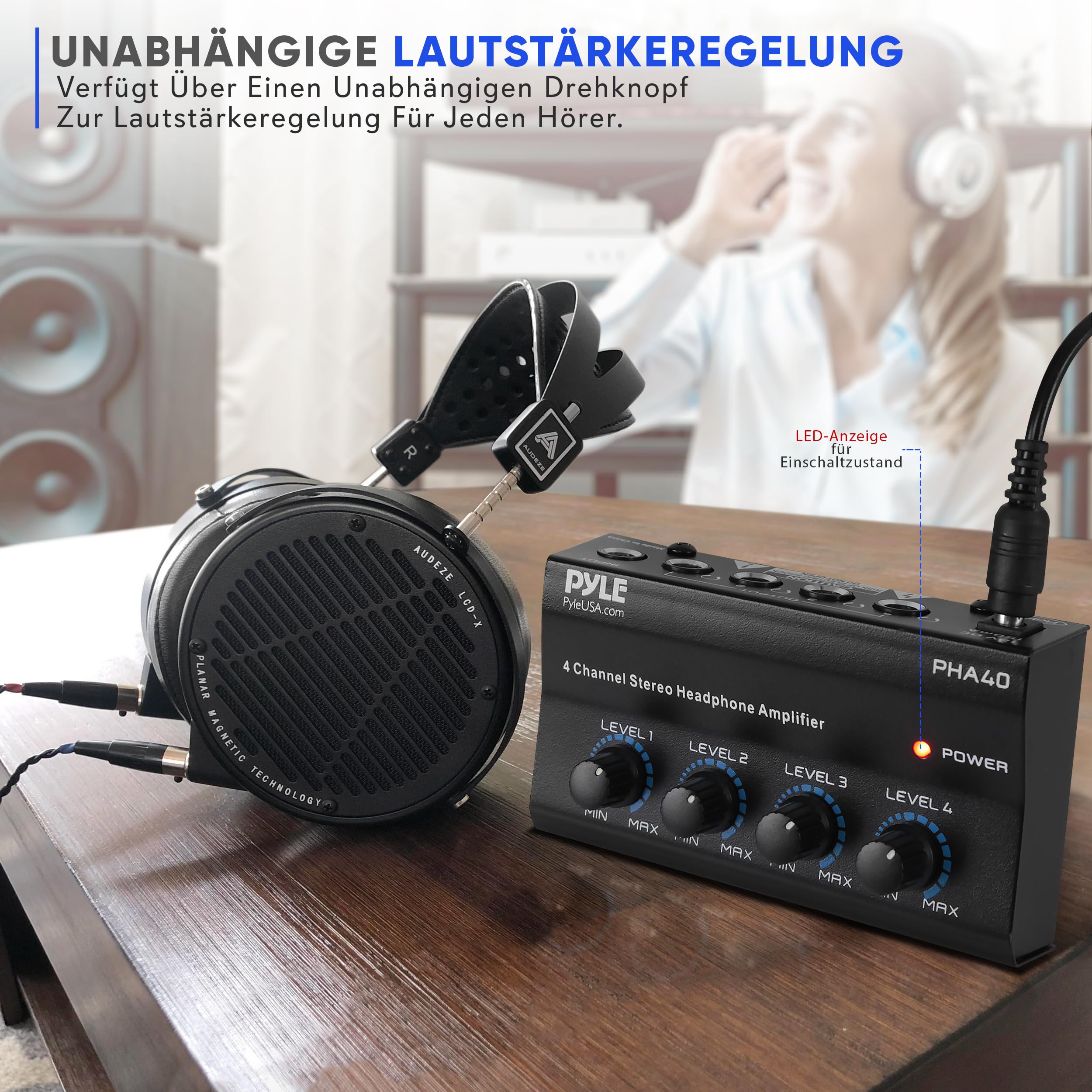 Pyle 4-Kanal Kopfhörerverstärker – Kompakter Kopfhörer-Amp mit 4 Ausgängen und individueller Lautstärkeregelung, ideal für Studio, Podcast und DJ, inkl. Netzteil