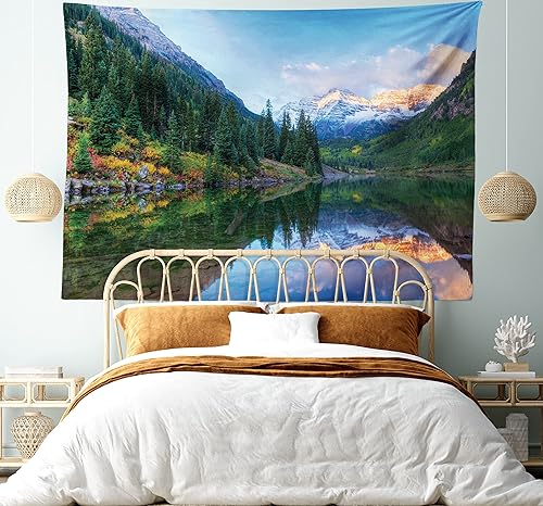 Miniatura 5 de Ambesonne Tapiz de paisaje, reflejo de campanas granates nevadas en otoño, impresión panorámica de imagen panorámica para colgar en la pared para