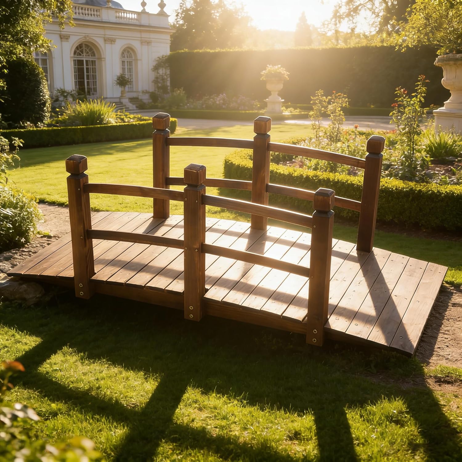 5 ft Garden Bridge Wooden Bridges for Outdoors, Classic Arch with Safety Rails Stained Finished Footbridge Garden Decor Pond Landscaping Creek or Far Backyard Decoration, Nature Wood, 550lbs